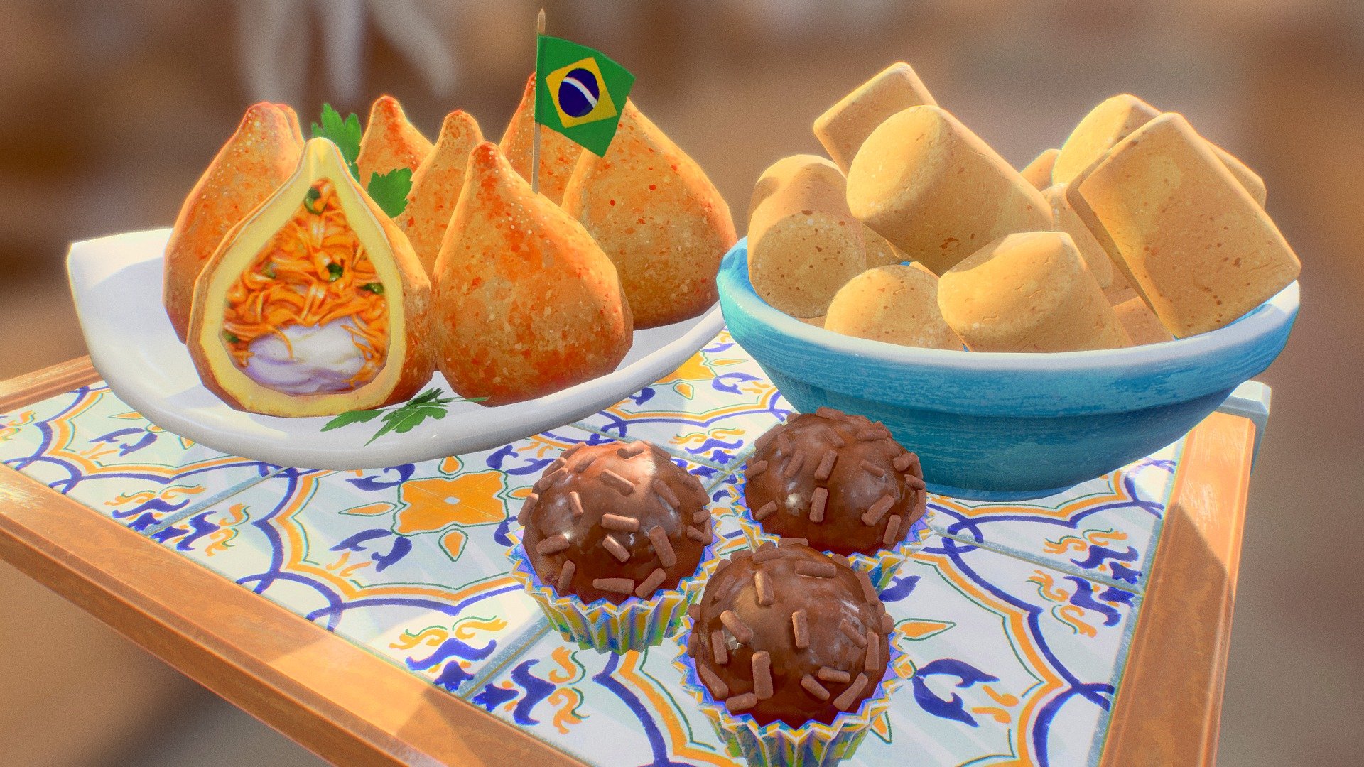 Brazilian traditional food. Coxinha is a finger food filled with shredded chicken. Brigadeiro is a chocolate dessert. Paçoca is a bittersweet snack made of peanuts - Low Poly Brazilian Food - 3D model by anacco 3d model