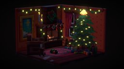 Cliché Christmas Scene fireplace, snow, christmas, present, blockbench, minecraft, lowpoly, voxel, noai