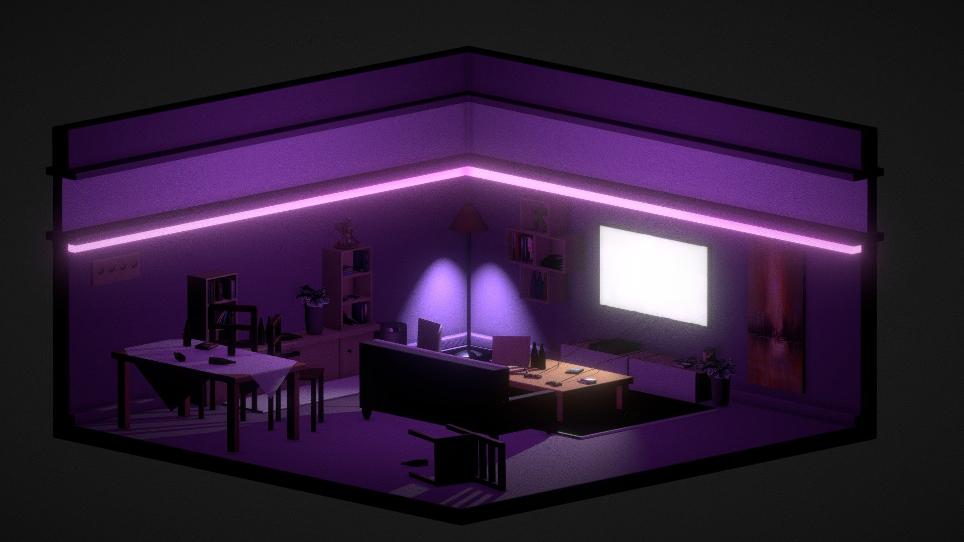 Orthographic game party room made by me, in Blender.
Credits for people who made the figures and books;
@Thimeo &ldquo;Kyouko Kirigiri figure from Danganronpa