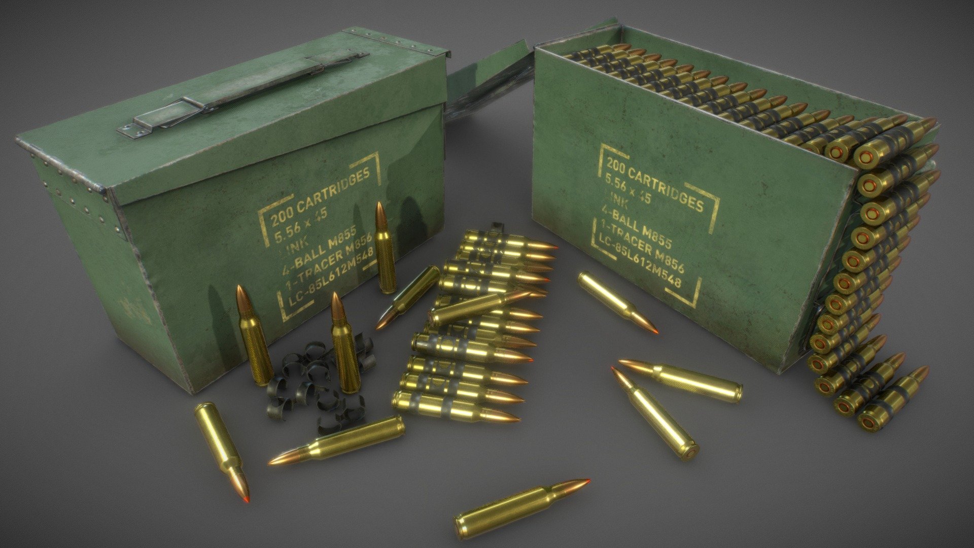 Game Art Asset. Ammunition box containing 5.56 rifle rounds ( ball &amp; tracer) linked in belt and loose.
Pack includes 2048x2048 (everythig) &amp; 1024x1024 (belt link) textures - Game Art: Rifle Ammunition Box 5.56 - Buy Royalty Free 3D model by MarcinGArt (@marcin.gk) 3d model