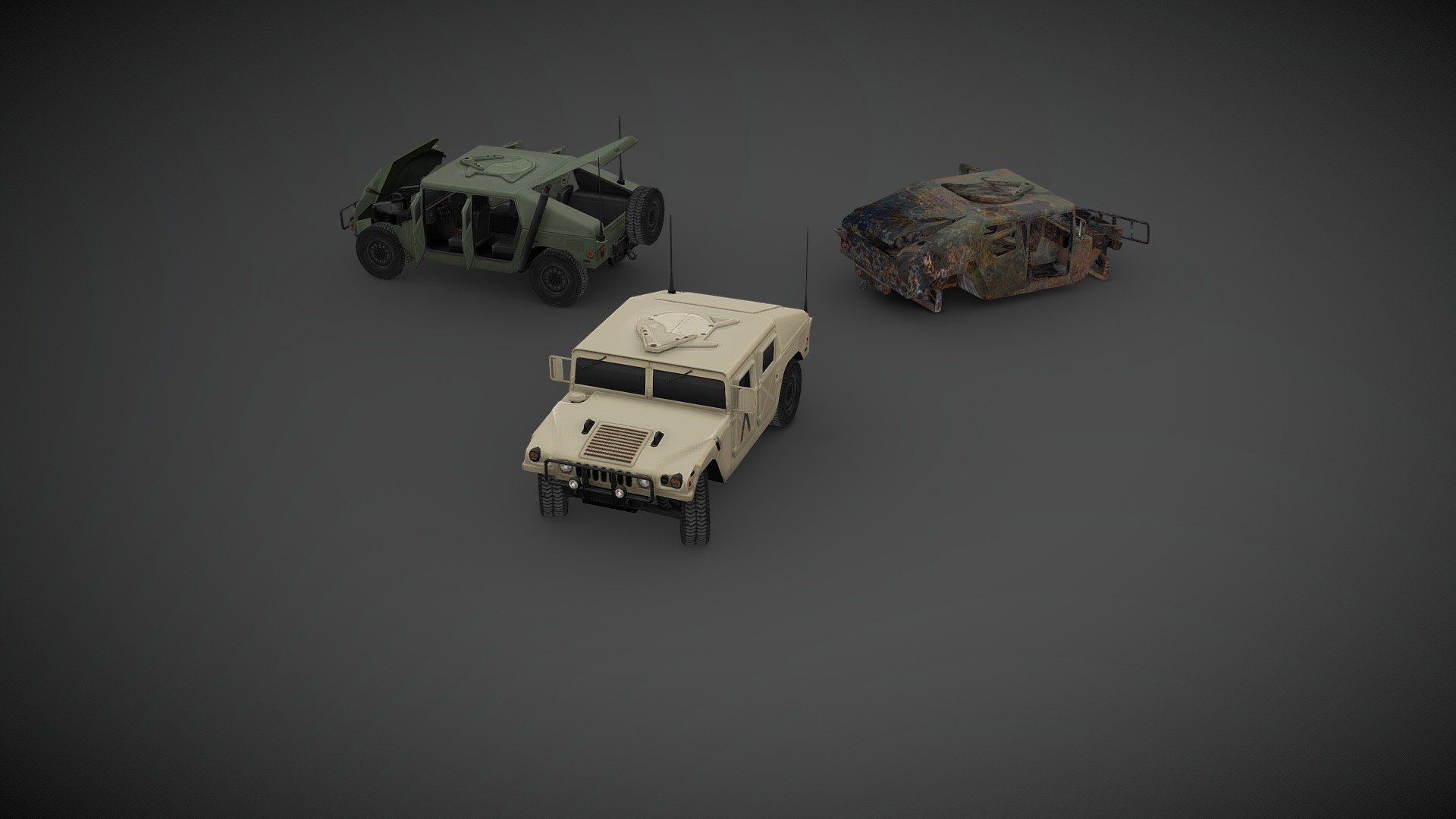 Showcase of the 1992 AM General M998 High Mobility Multipurpose Wheeled Vehicle, I’ve made for project ZOMBOID, low poly but with a high detail texture, optimized for game engine. This version is not a 100% true to the original since there are some compromises I’ve had to make to present it here.

You can find the actual version in project ZOMBOID STEAM Workshop 3d model