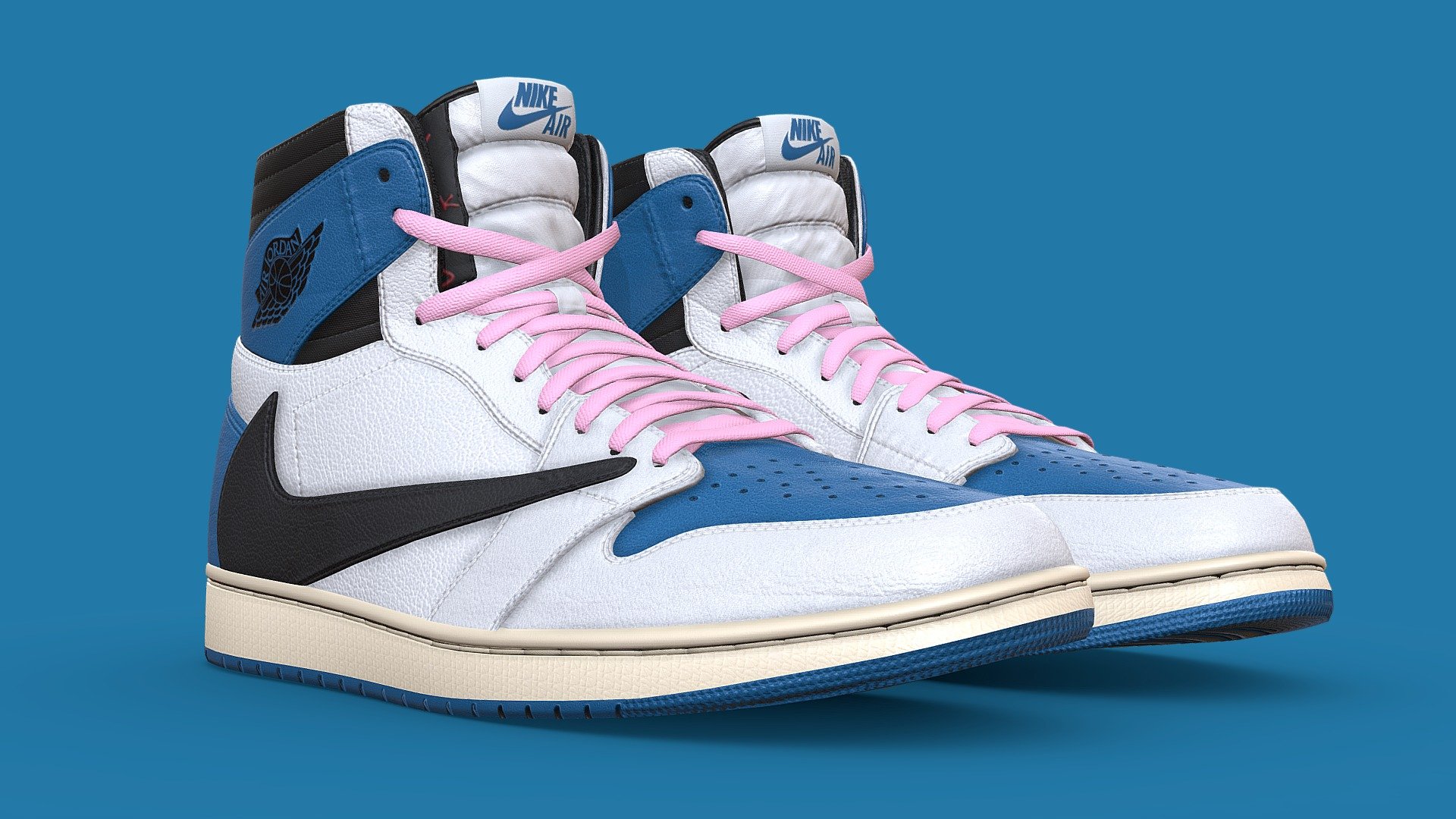 Game Ready, optimized version of my Travis Scott x Fragment Jordan 1 shoe

This Low Poly version is included in the full version available here:
https://sketchfab.com/3d-models/jordan-1-travis-scott-x-fragment-7007b36ecf9c4897b532bffabe432162

This version features an optimized mesh. High Poly detail on the sole has been replaced with a baked normal map and the rest of the model has been streamlined to reduce the polycount. 

The model uses just one texture set. Black, White, and Blue coloured laces are included as seperate base color files in the additional files, - Jordan 1 Travis Scott x Fragment Game Ready - Buy Royalty Free 3D model by Joe-Wall (@joewall) 3d model