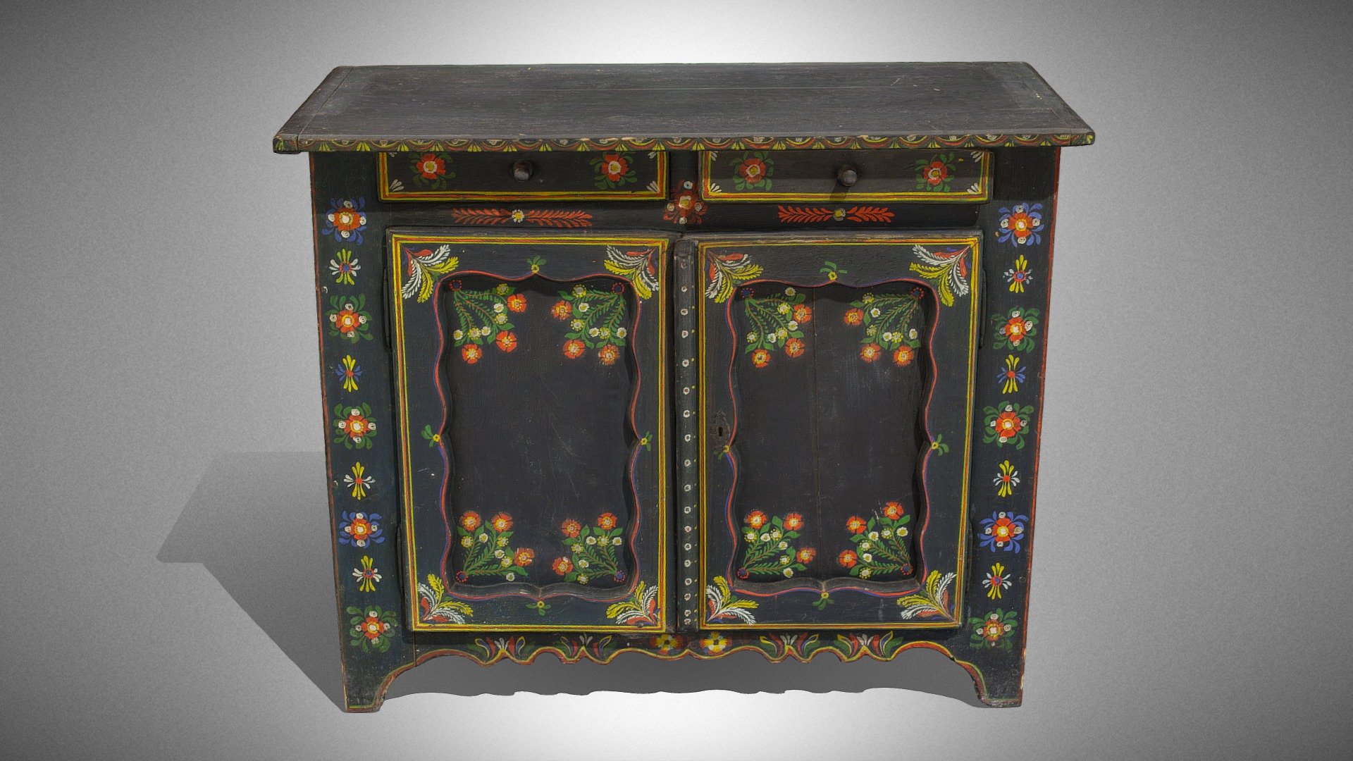 Painted folk cupboard (low cabinet)

2nd half of the 19th century, Rudawa, Poland

Cupboards were usually made by a local carpenter upon commission and their possession was indicative of its owner’s wealth. This furniture was used until July 1966 when it was purchased by the museum from Józef Mucha from Rudawa.

The surface of the cupboard is covered with a single colour primer – green obtained by mixing Parisian blue with bright yellow. Four little bouquets are put on profiled door panels. On the surface of the sides, on the external edges, a flower festoons motif is repeated. In the upper part of the base, a circular wreath of tiny leaves is painted.

For more images and further information, visit: 
https://muzea.malopolska.pl/en/objects-list/728

Inventory number: MNPE/E/269

Vistula Ethnographic Park Museum in Wygiełzów and Lipowiec Castle

Digitisation: Regional Digitisation Lab, Małopolska Institute of Culture in Kraków, Poland; “Virtual Museums of Małopolska” Project - Painted folk cupboard (low cabinet) - Download Free 3D model by Virtual Museums of Małopolska (@WirtualneMuzeaMalopolski) 3d model