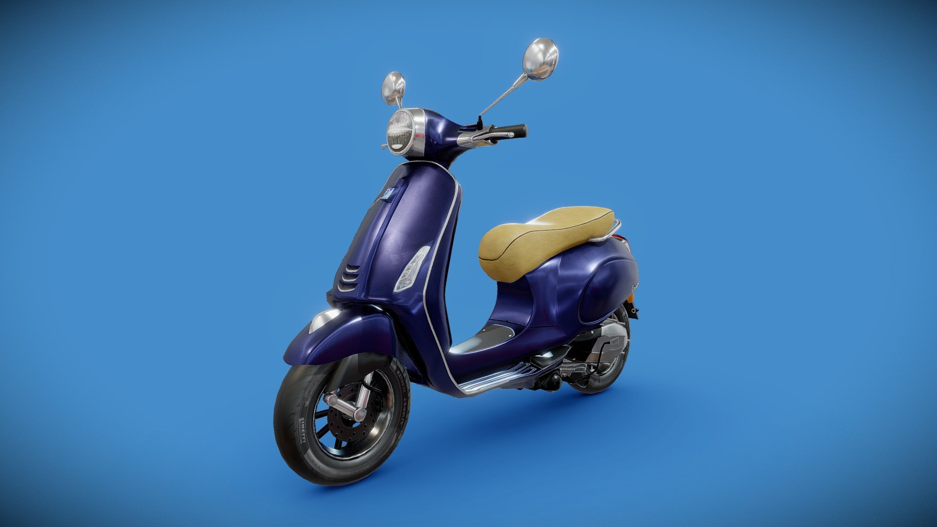 This is Vespa Primavera 150 model of Scooty 3d Model.

The model was created in Maya 2018, rendered with Substance painter, Clean topology. Detailed High quality model.

All Materials in this pack are provide with all named.

Model Type: Polygonal
Polygons: 18,341
Vertices: 18,897
Formats available: Maya ASCII 2018, Maya Binary 2018, FBX , OBJ
Textures: Color, Normal, Metallic and Roughness
Texture Resolution: 4096 x 4096 pixels

Hope you like it!

Thank You 3d model