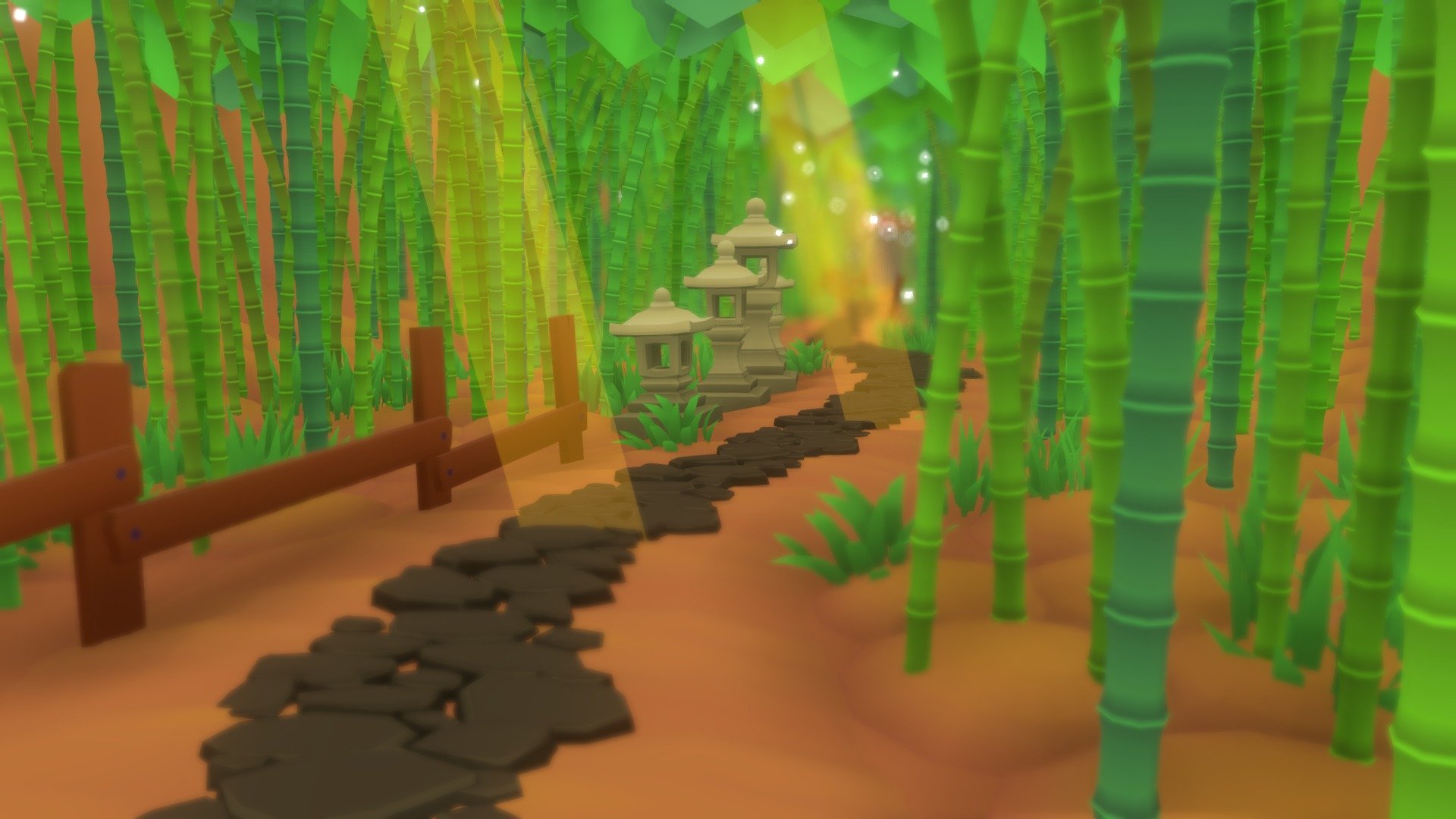 Scene made trying to use mainly Blender Geonodes to distribute the elementes on scene.

Everything is lowpoly and use a single texture with gradients.

The original is here https://www.behance.net/gallery/134393961/Bamboo-Forest-Loop?

the single pieces are here https://sketchfab.com/3d-models/bamboo-forest-pieces-c15a514bb26749788cf2f88a08c389db

the original instagram loop is here https://www.instagram.com/p/CT_CcSTFXYe/ - Bamboo Forest - 3D model by Victor Estivador (@VictorEstivador) 3d model