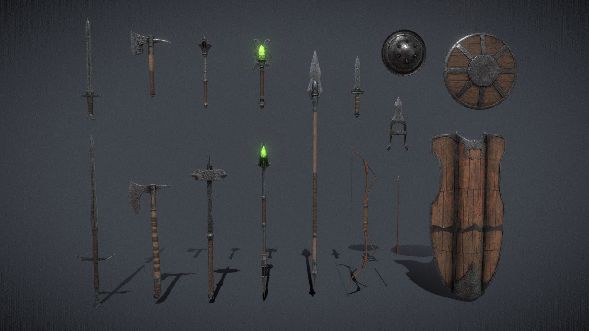 Iron Fantasy Weapon Set

A set of fantasy Iron weapons.
The set consists of sixteen unique objects.
PBR textures have a resolution of 2048x2048.
Total polygons: 33388 triangles; 16874 vertices.

1) Sword (one-handed) - 1308 tris
2) Sword (two-handed) - 2064 tris
3) Mace (one-handed) - 1464 tris
4) Mace (two-handed) - 1384 tris
5) Ax (one-handed) - 1064 tris
6) Ax (two-handed) - 3016 tris
7) Lance - 1828 tris
8) Dagger - 1284 tris
9) Brass knuckles - 1500 tris
10) Bow - 2788 tris
11) Staff - 3100 tris
12) Scepter - 3136 tris
13) Shield (small) - 2052 tris
14) Shield (medium) - 2744 tris
15) Shield (great) - 4144 tris
16) Arrow - 512 tris

Archives with textures contain:

PNG textures for blender - base color, metallic, normal, roughness, opacity, glow

Texturing Unity (Metallic Smoothness) - AlbedoTransparency, MetallicSmoothness, Normal, Emission

Texturing Unreal Engine - BaseColor, Normal, OcclusionRoughnessMetallic, Emissive - Iron Weapons Fantasy Set - 3D model by zilbeerman 3d model