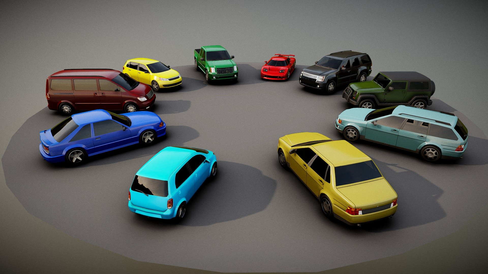 Low-poly (under 8k) pack of generic passenger vehicles.

Suitable for exterior landscape renderings and can be used in gamedev as props or in mobile games as player vehicle.

All cars are bearing minimum to none similarities to real life cars and completly  trademark clame proof.

Specs are:
sedan - 7122 tris.
wagon - 6982 tris.
hatchback - 6808 tris.
compact - 7257 tris.
coupe - 6022 tris.
minivan - 7450 tris.
sport - 6268 tris.
pickup - 6918 tris.
SUV - 7951 tris.
offroad - 6502 tris. 

Each car has 6 different colors texture, metallic, glossiness and opacity, also, they can be rendered without textures at all using only material color or vertex paint.

For the best picture, please, switch viewer to HD texture 3d model