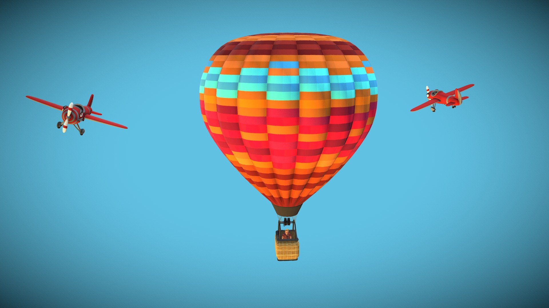 Two Animated flying Airplanes Circling a Hot Air Balloon in this Looped animation. Look for the animated man waving from the basket 3d model