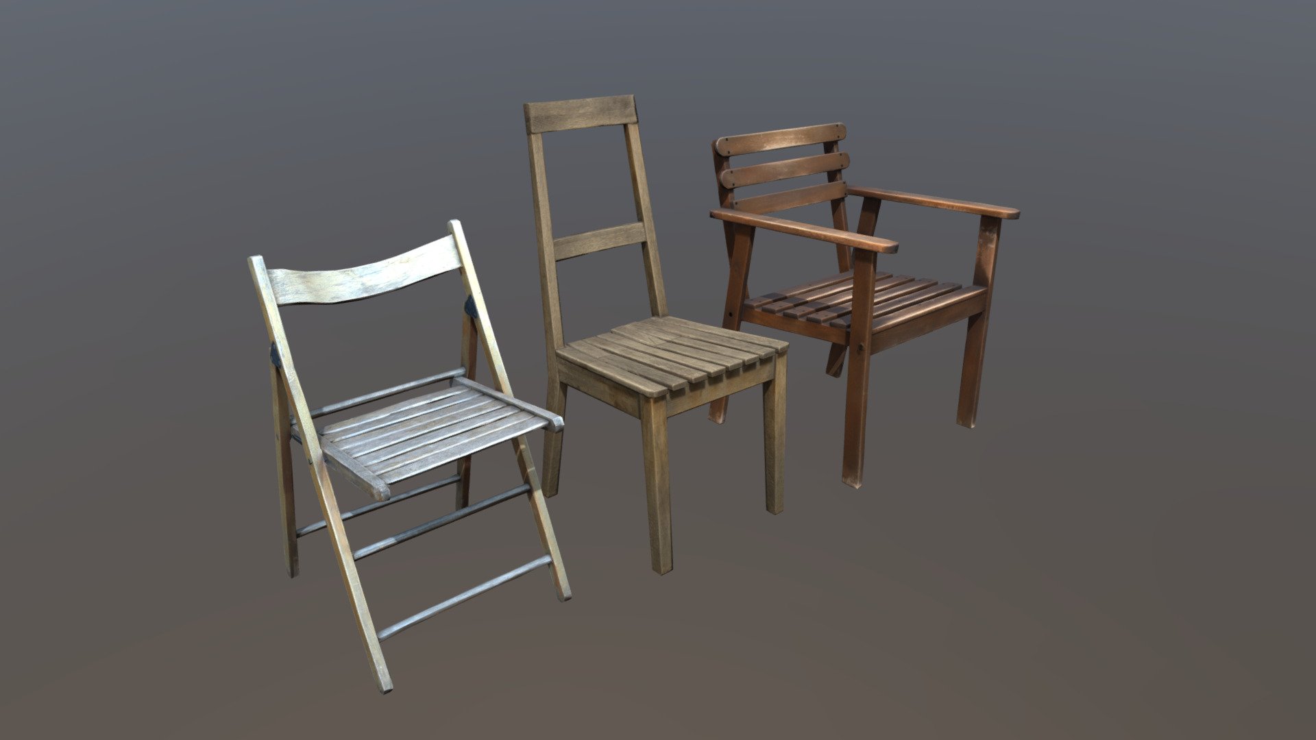 Pack of three Wooden Chairs; photoscanned (360°), decimated, cleaned, with UVs &amp; PBR Texture setup.
*
Texture Set
Applies to each model seperately
*  2048x2048 / PNG
*  Albedo (Diffuse) / Roughness / Normal (OpenGL) / Ambient Occlusion / Metallic 

Additional information


Real World Scale
Z up
Free of legal issues, branding/labels are made up, adjusted or removed.

Additional files


.Blend File

Check out my other Models, Packs, Materials and Photoscans by clicking here.

Contact: hello@notoir.xyz 

Follow me on:
Instagram
Twitter
Artstation

Disclaimer


If you need any support/assistance, comment below or mail me and I will respond as quickly as possible.
Dataset, High Poly Scan and 4K+ Textures available upon request ($). 
Models may be used in any commercial or personal project. They may not be resold or redistributed.
 - Wooden Chairs (Pack) / Photoscan / Low Poly PBR - Buy Royalty Free 3D model by NOTOIR.XYZ (@Notoir) 3d model