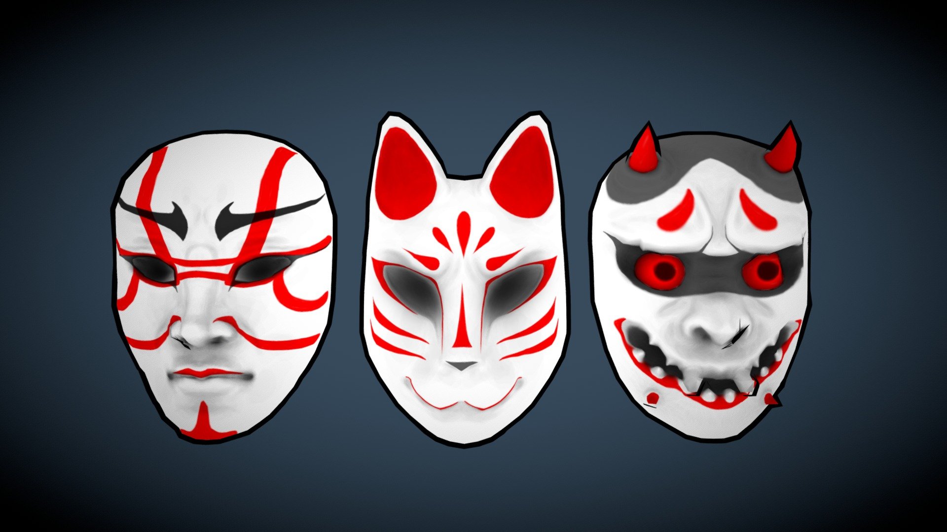 For a small game jam I did some Japanese mask, This is my collection.

-Kabuki
-Kitsune
-Oni - Japanese Mask Collection - 3D model by Jessykat 3d model