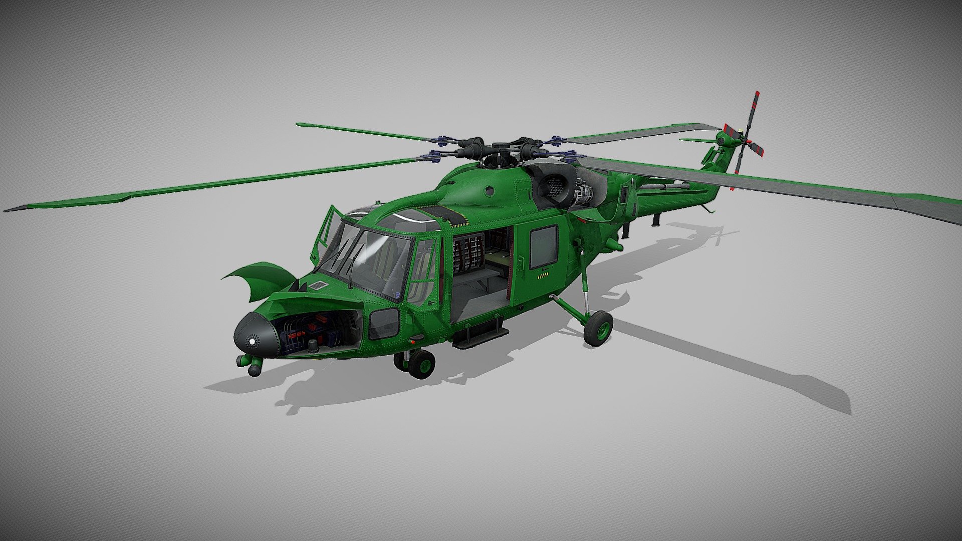 The Westland Lynx is a British multi-purpose twin-engined military helicopter.
Game ready model, model scale Unity engine. Separetes parts : doors, hoods, rotors. There is an additional Blender file (version 2.79 / 2.93) 3d model
