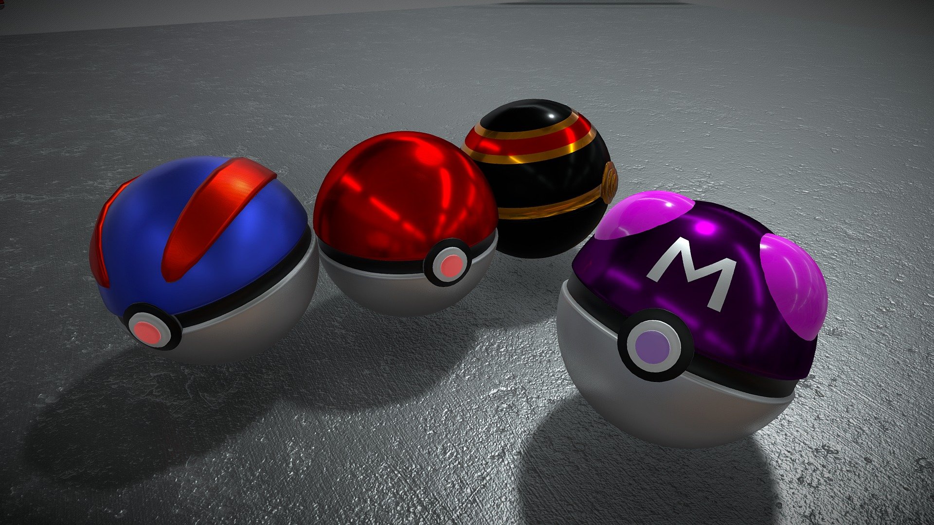 Just a modest set of pokéballs, including a normal pokéball, a great ball, a luxury ball and the all mighty master ball. For some reason there is a little mesh on the model which I can't find anywhere in the blender editor, so I just left it there. PS: My original render looks cooler than the one being showed here, but I wasn't able to reproduce the lighting in sketchfab 3d model