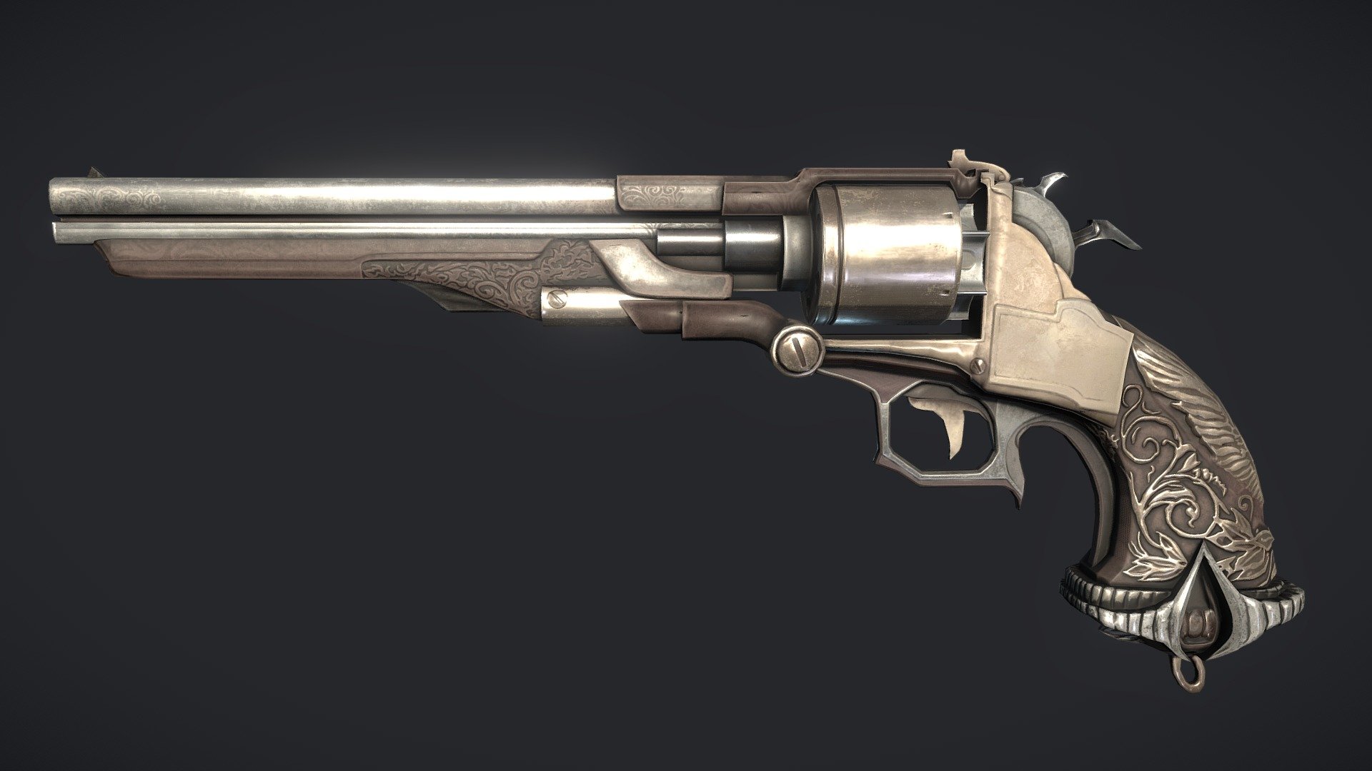 This Revolver was created to fit within a hypothetical game based in the Assassins Creed universe which takes place in Victorian London. The model has 3 levels of detail, with limitations of 5,000 polys, 2,500 polys and 800 polys. The texture maps for this model were limited to 2048 x 2048 px.

Thanks for checking out my work :)

Find the original concept on Happy Mutt's Deviant Art:
https://www.deviantart.com/happy-mutt/art/Assassin-s-Creed-V-Reclamation-Weapon-Design-445546586 - Assassins Creed - Reclamation Revolver - 3D model by EllaSkii 3d model