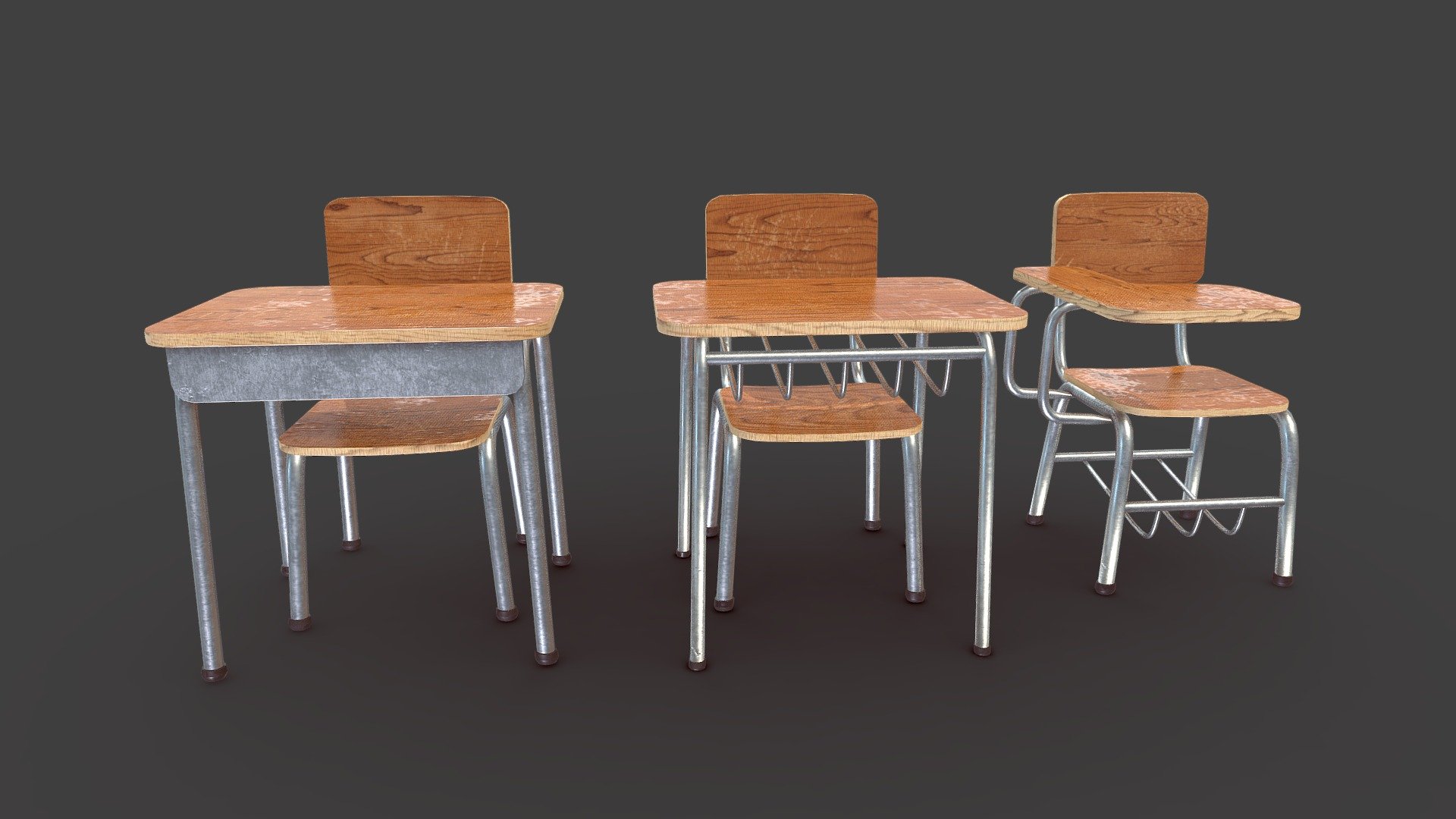 Rar content (17MB):


Table type 1, 2, 3
+1 Doble Table included

Texture Maps (2048x2048)
- Base Color, Metallic, Roughness, Normal

.FBX file (contains 4 of each desk)


If you need help with this model or have any questions, feel free to contact me. I will be happy to help you.

Contact:

Instagram: MurallaMuerta

Artstation: SebastianBA

Email: sebastian96ba@gmail.com - School Desk - Buy Royalty Free 3D model by Sebastian.BA 3d model
