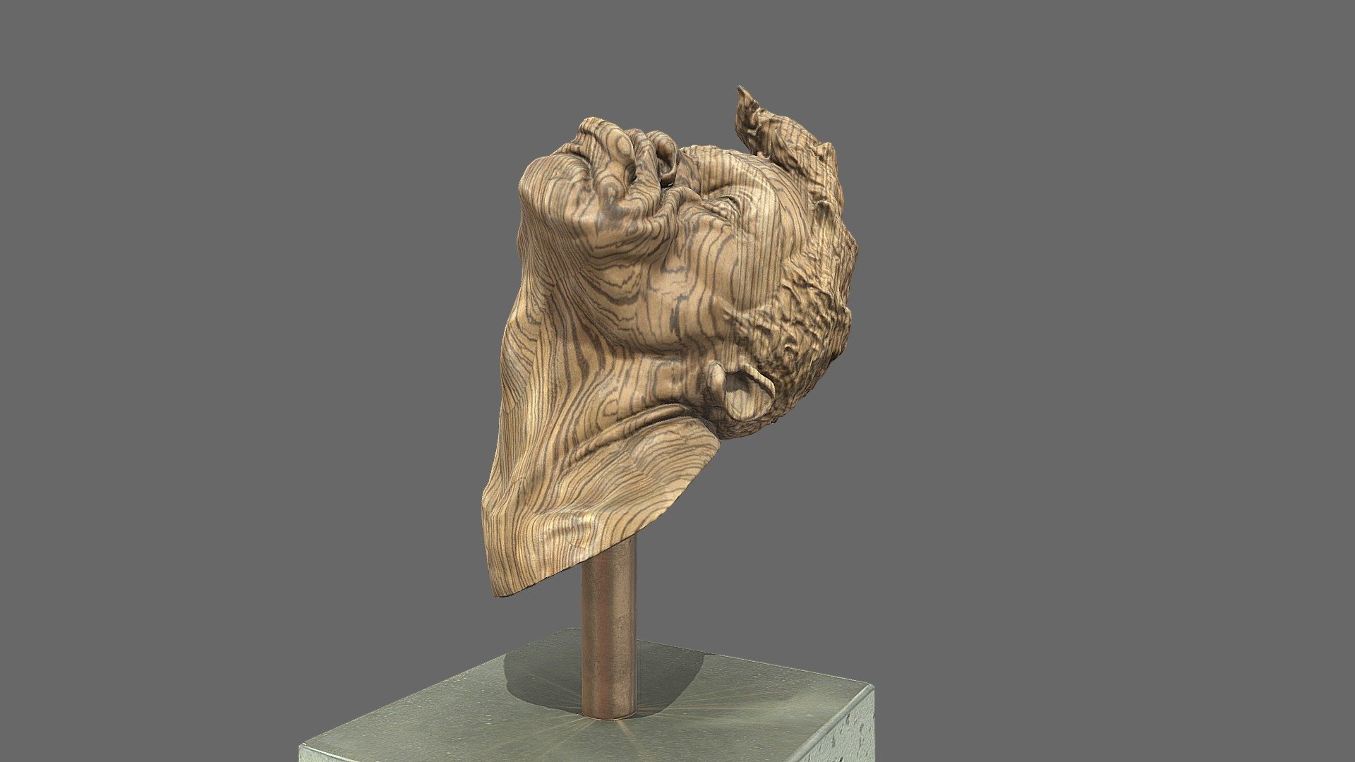 1 of 5 sculptures in a series of Busts that I made out of various hardwoods.  The series is called the Phantom Punch.  This bust represents the uppercut.  As a fan of Boxing I wanted to capture that moment of impact with the missing fist.  This is a scan of the real sculpture, the sculpture is about 17