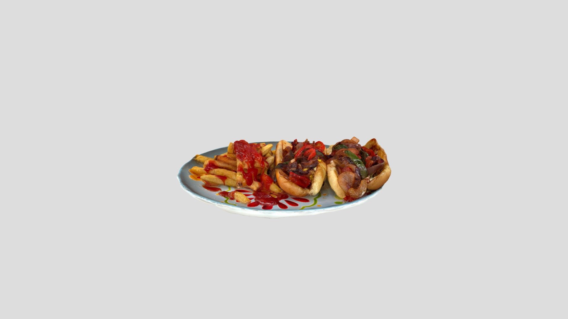 Bacon Wrapped Beef Hot Dogs with grilled red onion, red peppers and jalepenos 3d model