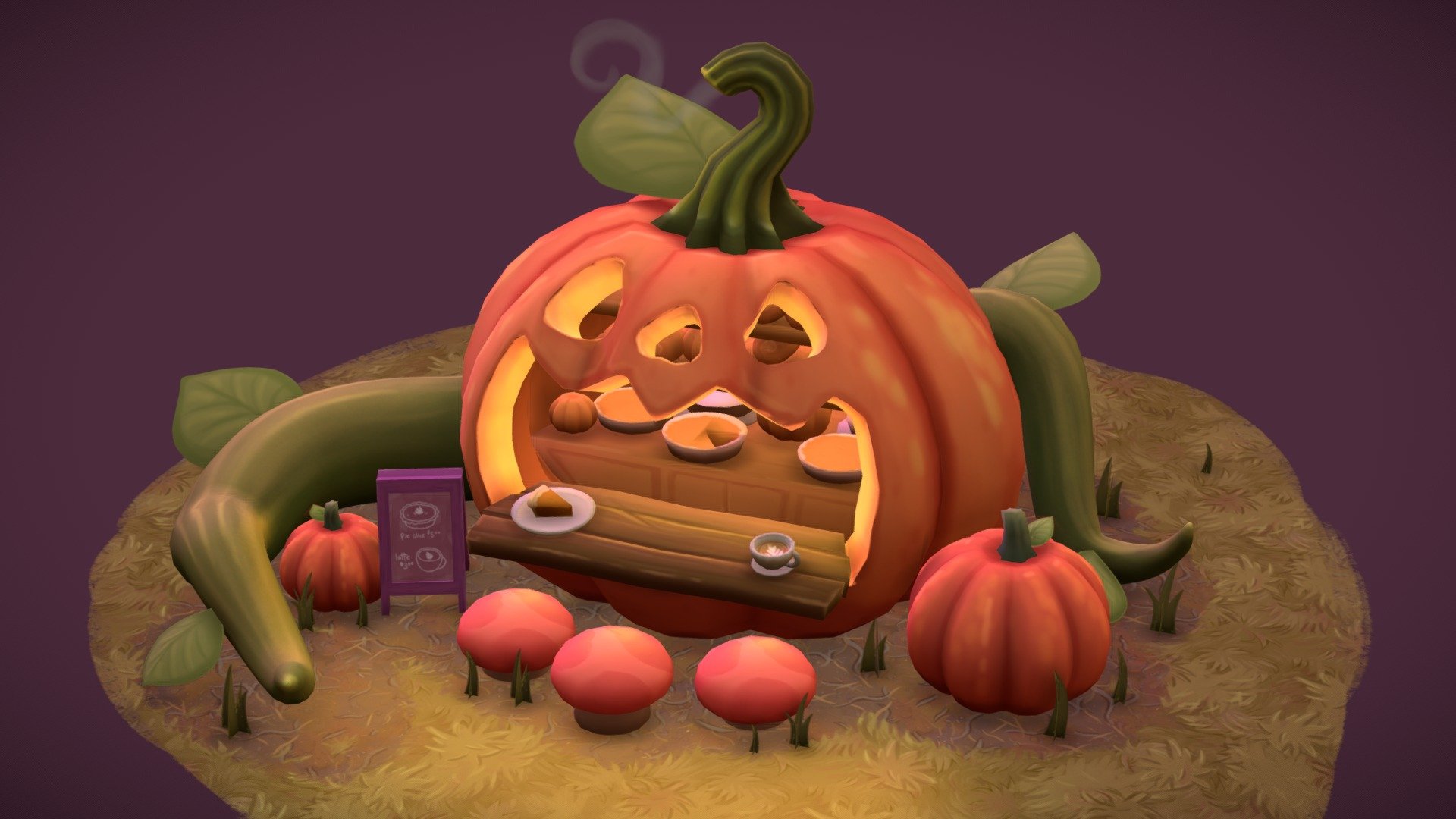 A pumpkin cafe I created for fall, based off an old 2D piece I created a few years ago. 

Big thank you to Ashleigh Warner for all her invaluable advice and feedback! - Pumpkin Cafe - 3D model by Gabby DaRienzo (@gabbydarienzo) 3d model