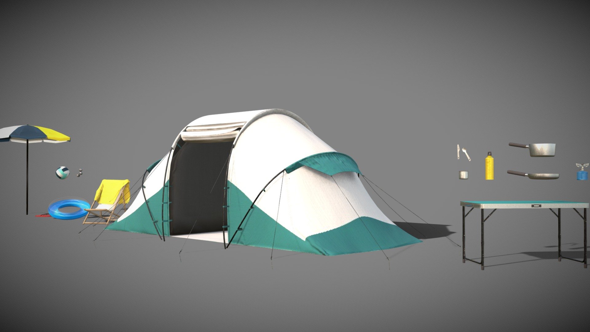 Medium poly made with blender
texture substance
Set of camping with : 
tent
umbrellas
thong
volleyball
bowling
ball
deskchair
towel
table
bar stool
fork
knife
cup
gourd
camping stove
water wings
pan - Camping Set tent - Buy Royalty Free 3D model by lampyre3d 3d model