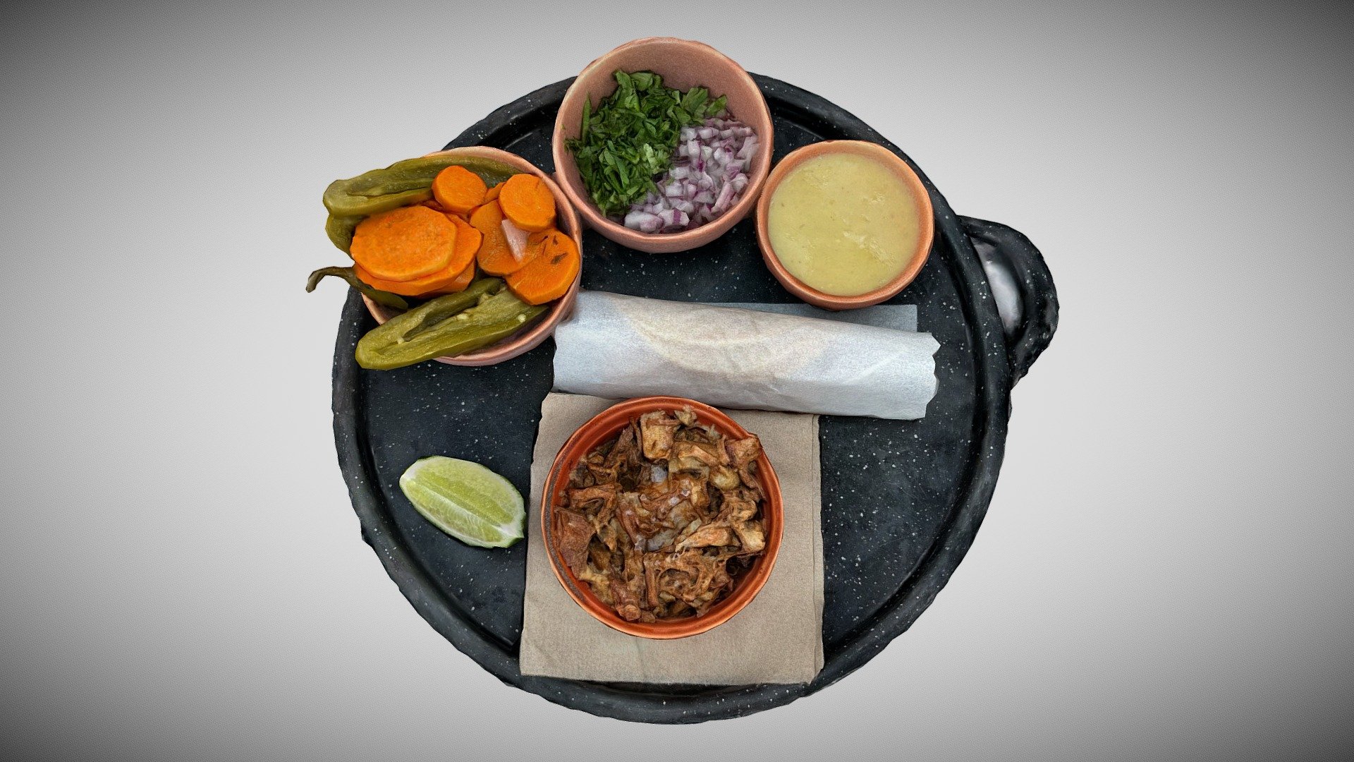 Braised pork | pickled vegetables | cilantro | onion | tomatillo &amp; habanero salsa | handmade tortillas served at Copita in Sausalito, Ca - Copita 24 Hour Carnitas - Buy Royalty Free 3D model by Augmented Reality Marketing Solutions LLC (@AugRealMarketing) 3d model