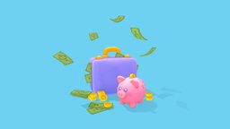 Piggys Treasure cute, pig, money, treasure, coins, bank, suitcase, colorful, pastel, substancepainter, 3dsmax, zbrush, stylized, gold