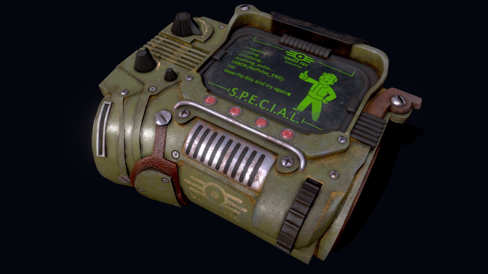 Reupload because there was an artifact that sketchfab wouldn't replace
For a game asset pipeline exercise I have decided to make a Pip-Boy from Fallout 3 concept art that hadn’t been developed.
Modeled entirely in Maya and Textured in Substance with stamps made in Photoshop 3d model