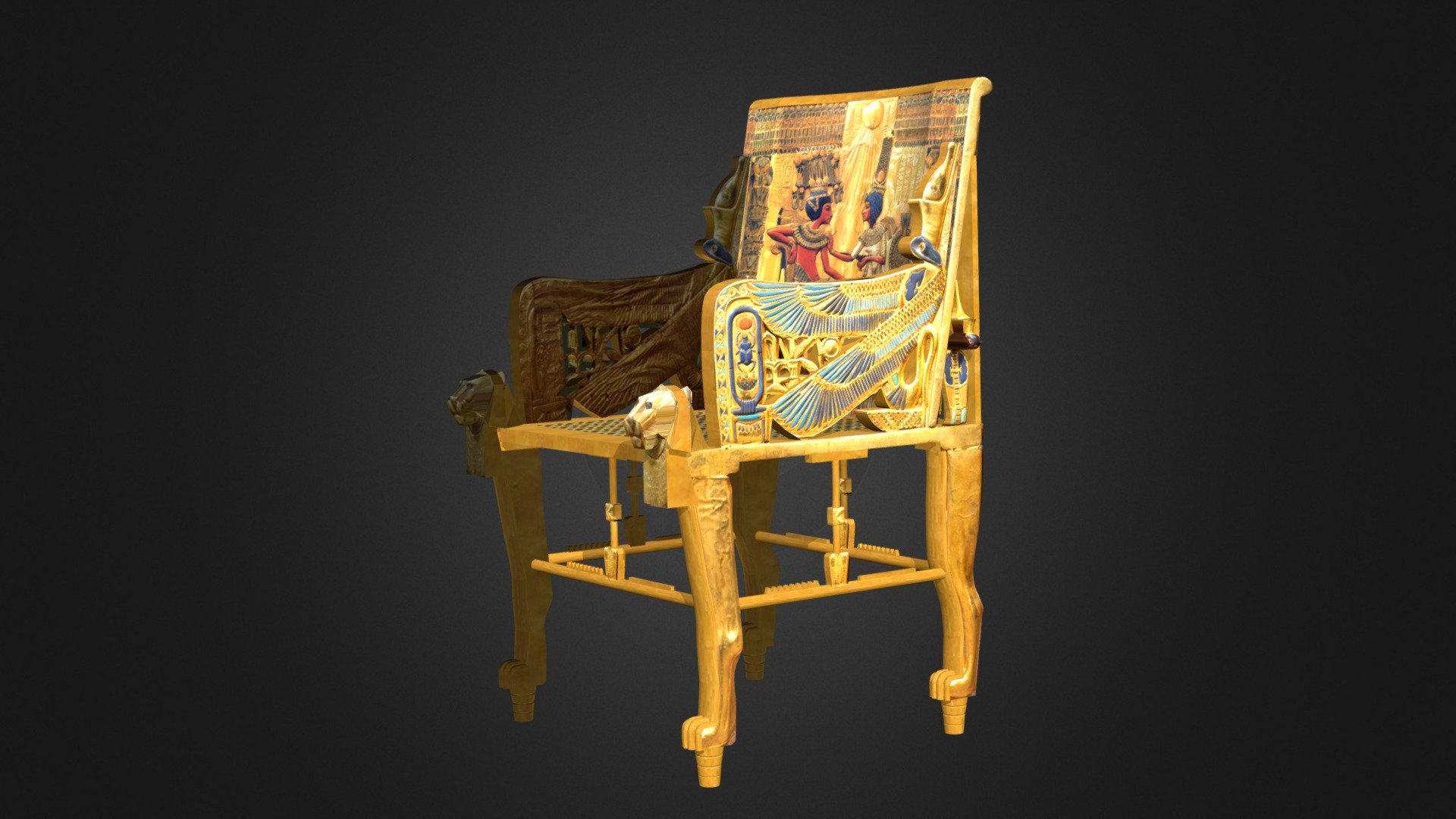 During ancient Egypt the golden throne was a symbol of power and a show of social status. This amazing piece of furniture is the most prestigest of all the thrones discovered from the ancient society. It was found in the Annexe area of Tutankhaman's tomb. It was constructed with the most finest materials such as gold to create this amazing art 3d model