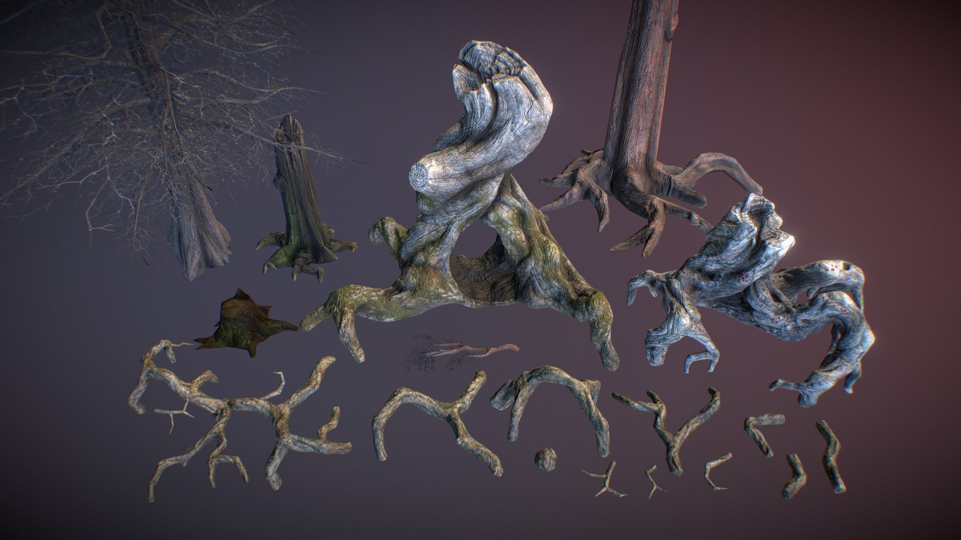 Stump and roots pack contain few highly detalized stumps, snag constructor and few low poly stumps 3d model