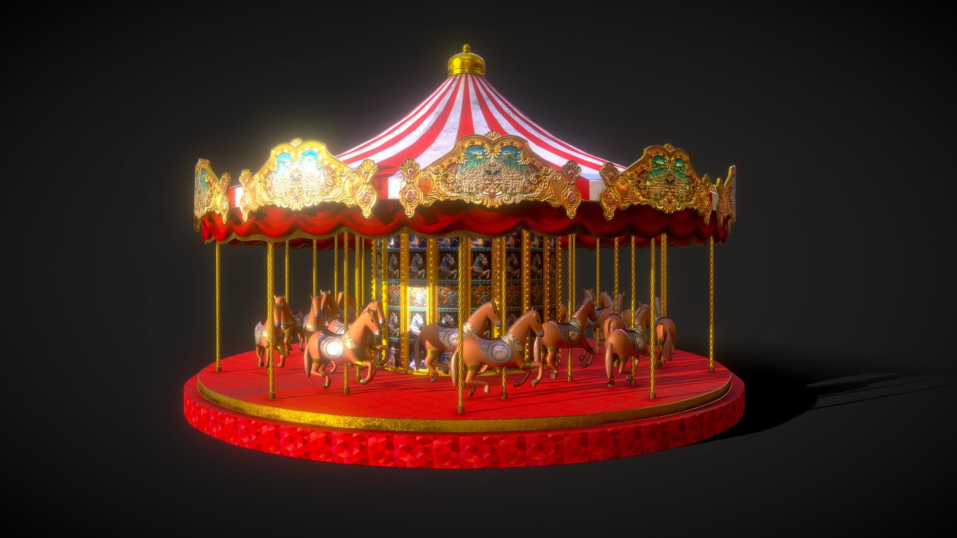 A very low poly, Luxurious carousel with a lot of gold plating around it 3d model