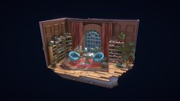 The Library scene, plants, flower, study, books, table, asset, blender, gameasset, retryschool