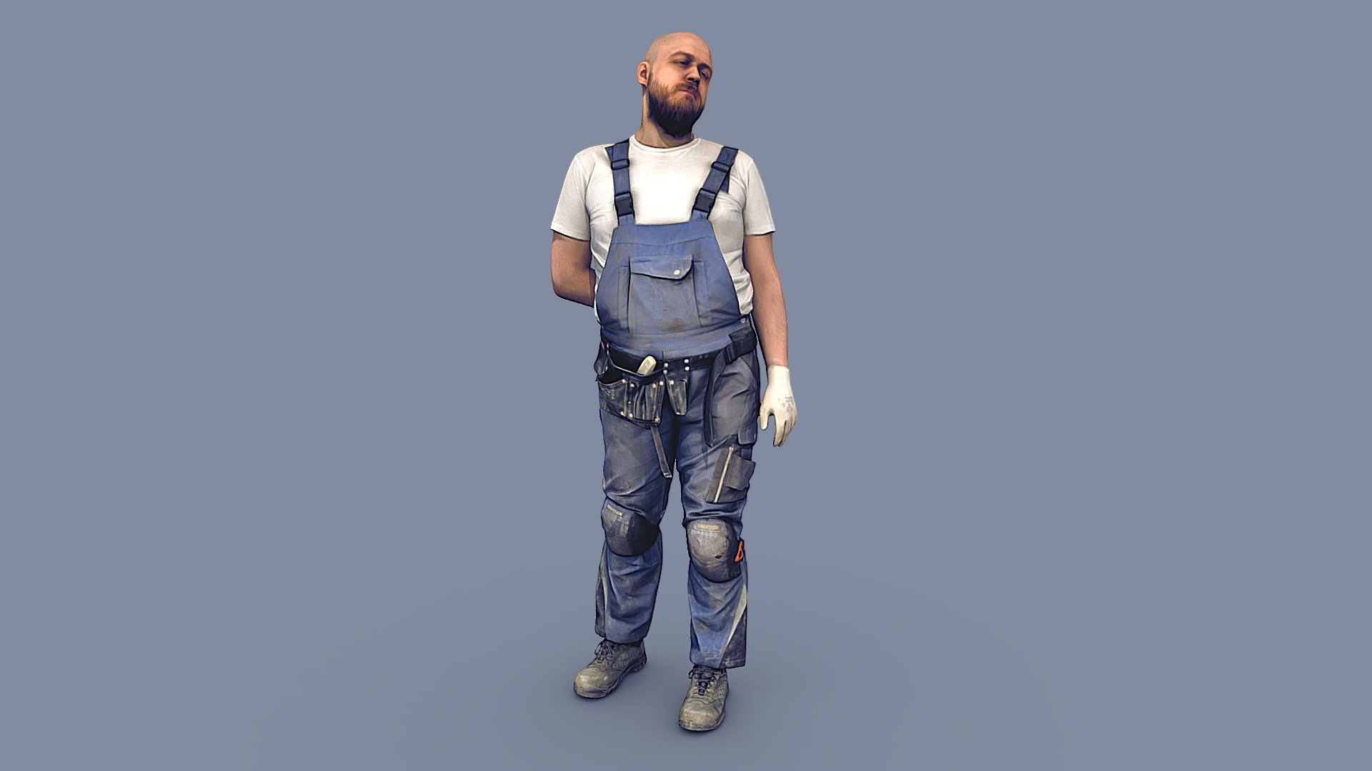 ✉️ A young man, a bald guy with a beard, a builder, a worker, in a working uniform, overalls, with a belt bag tools, in knee protection, stands, resting a little bending in his back.

🦾 This model will be an excellent mid-range participant. It does not need to be very close and try to see the details, it reveals and demonstrates its texture as much as possible in case of a certain distance from the foreground.

⚙️ Photorealistic Construction Worker Character 3d model ready for Virtual Reality (VR), Augmented Reality (AR), games and other real-time apps. 
Suitable for the architectural visualization and another graphical projects. 
50 000 polygons per model 3d model