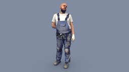 Bald Worker in Overalls Bends in His Back
