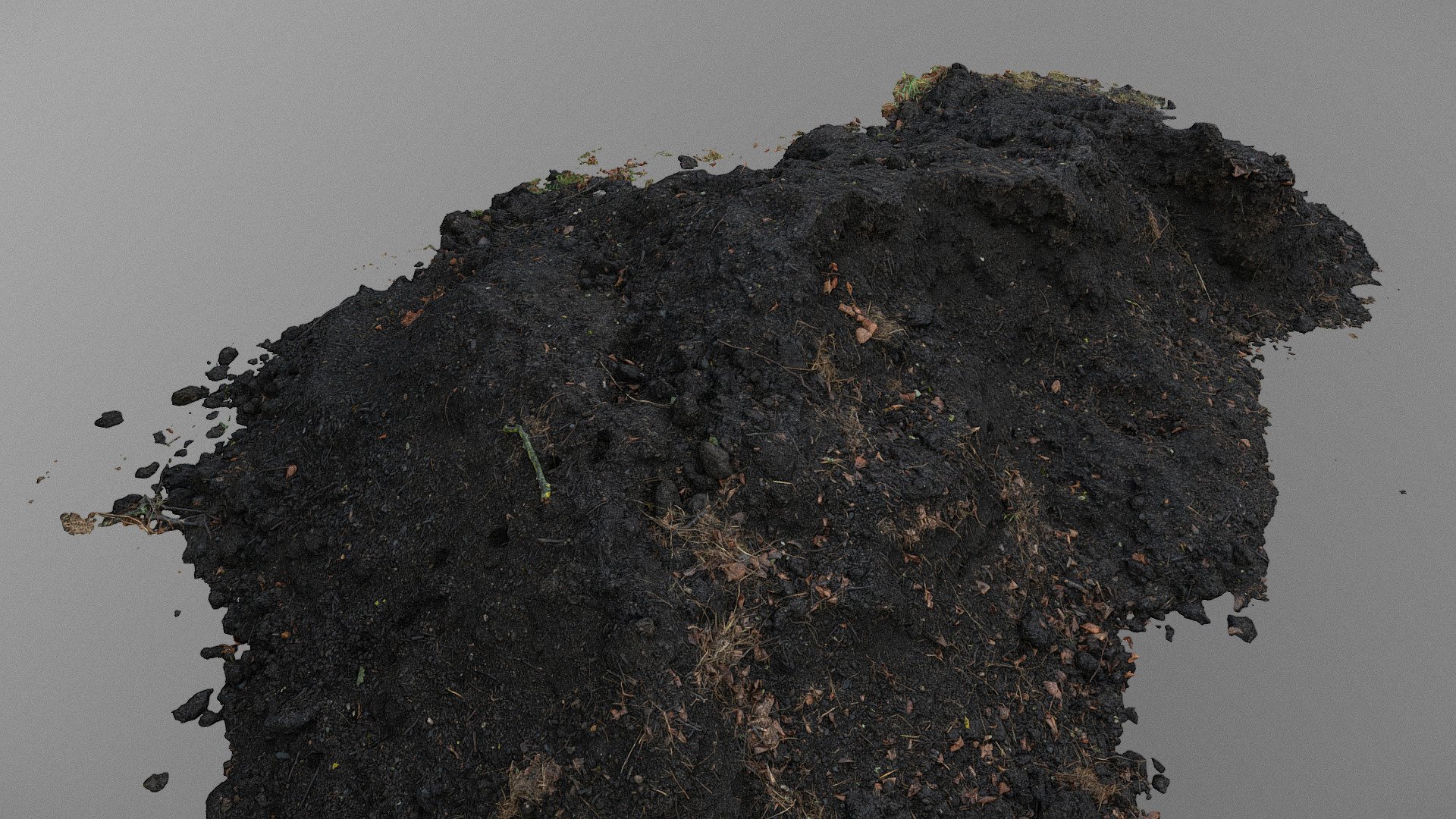 Pile of dark brown construction gardening soil mud land earth dirt heap pile mound, freshly dug, with some plants grass weed hay leftovers 

Photogrammetry scan 160x36MP, 3x16K texture + HD Normals - Soil heap with some hay pieces - Buy Royalty Free 3D model by matousekfoto 3d model