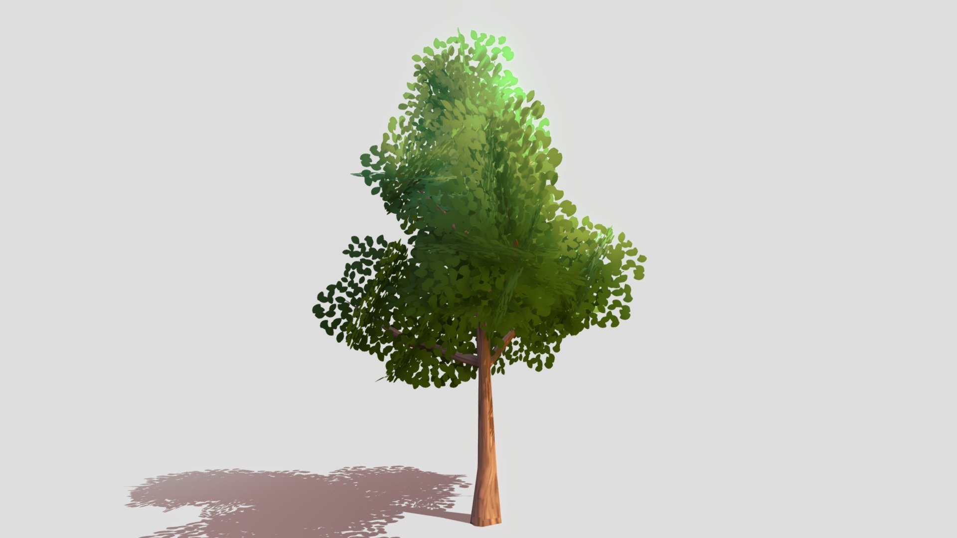 Define a leaf shape brush, then scatter it with pure color at a disc stribution. Use single-sided material.  Put the pivot at lower half

Create double-sided cross planes for leaf billboard

Creat the trunk

Particle system it on branches. I only used 32 instances. Weight paint where to grow these leaves. Go back to 1 to adjust the scale of the leaves.

Normal edit the leaf normals to a canopy-shaped sphere. Set MaxAngle &lt; 90.

Credit: http://wiki.polycount.com/wiki/Foliage#Vertex_Normals - Toon Tree Tutorial - Buy Royalty Free 3D model by fangzhangmnm 3d model