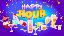 Stylized Unlit  Cocktails 🥂🍹🍷🍸 drink, food, hour, cocktail, red, toon, cute, orange, set, pack, party, pink, beer, props, beach, kitchen, yellow, casual, coconut, vacation, martini, glass, cartoon, asset, game, blender, stylized, blue