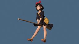 Kiki 02 flying, cute, bag, teenage, posed, ghibli, teen, kiki, broom, ribbon, anime-girl, short-hair, character, girl, witch, female, human, anime, kiki-s-delivery-service