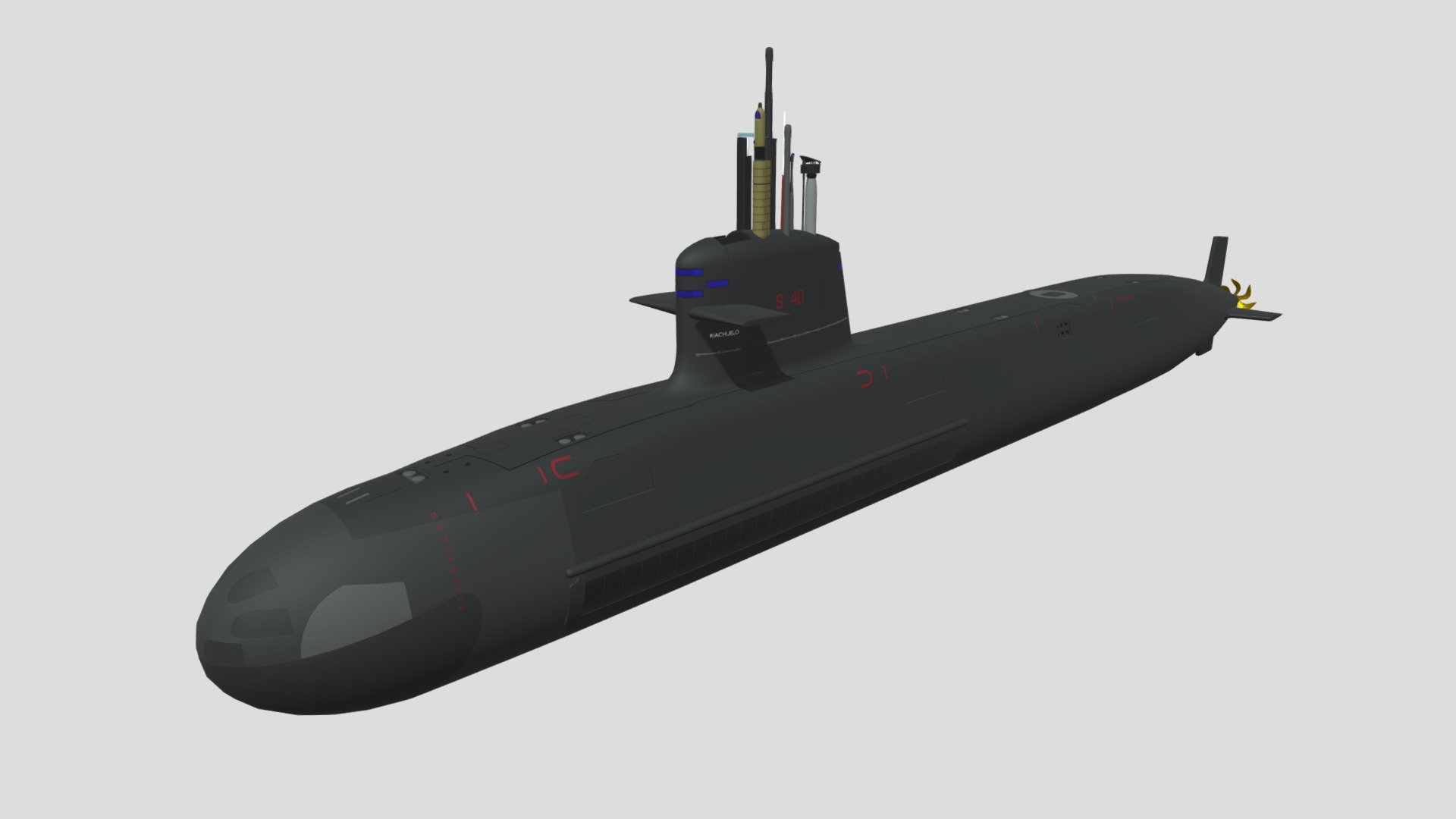 The S-40 Riachuelo is the first of the Riachuelo class which is a Brazilian variant of the French Scorpène class submarine.
This version is bigger than the other variants and Brazil has acquired 4 of them, the first two are in the testing phase and the other two are in the construction phase, and the S-40 Riachuelo is expected to be active until 2023.
The model was made in Blender 3.2.1 - S-40 - Riachuelo - Scorpène Class Variant - 3D model by DFL81 3d model