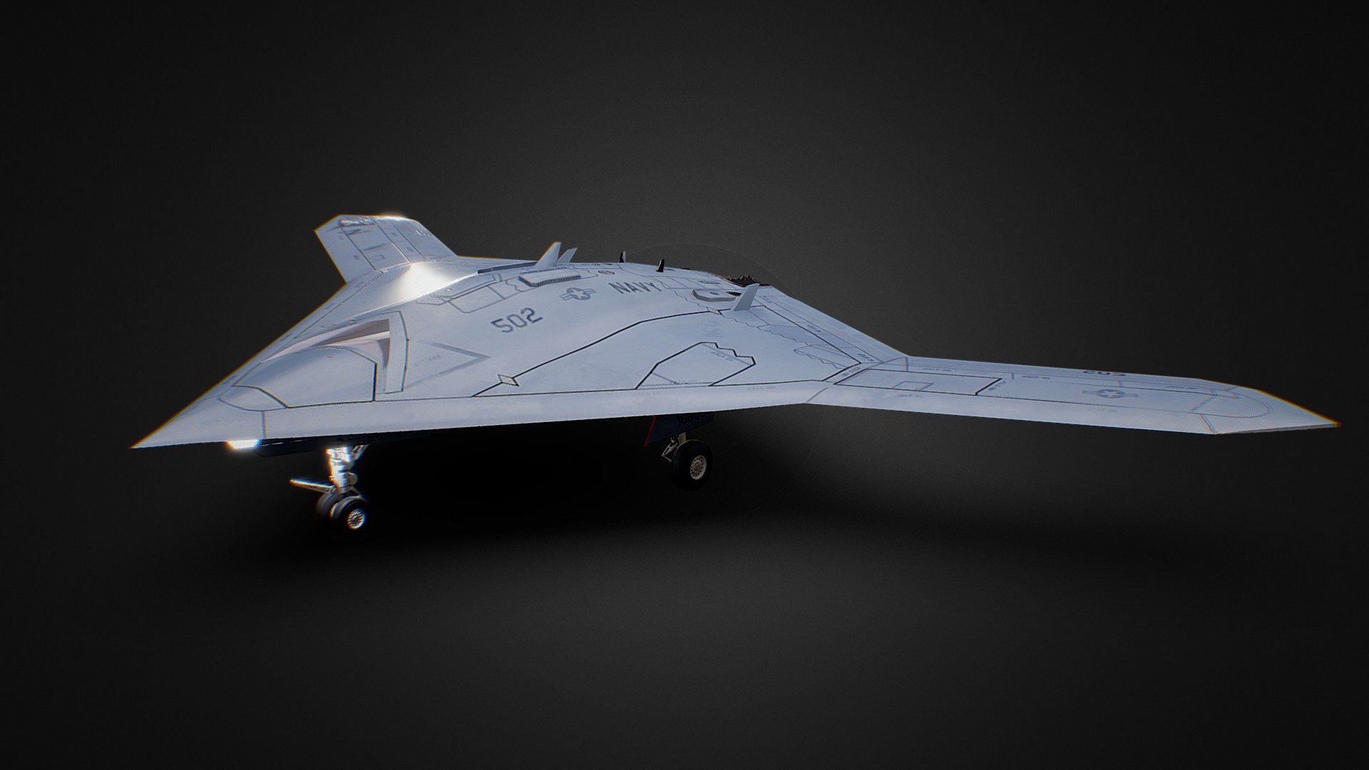 Northrop Grumman X-47B is a demonstration unmanned combat air vehicle (UCAV) designed for carrier-based operations. The X-47B first flew in 2011, and as of 2014, it is undergoing flight testing, having successfully performed a series of land- and carrier-based demonstrations.

Model in Blender
Texture in Substance Painter - Northrop Grumman X-47B Drone - Buy Royalty Free 3D model by JasonTsai10 3d model