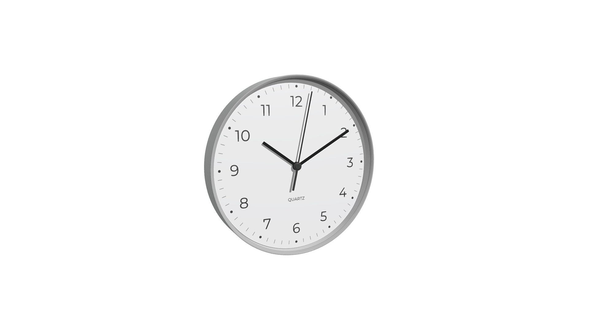 An analog wall clock coloured white and grey. 3 hands, numbering for all hours, and lines/dots to aid in reading the time. 28cm in diameter, 4cm thick. For interior spaces such as an office.

Geometry:




4 separate objects - clock, hour/minute/second hands.

Quads and tris only

Not subdividable

Smooth shading with sharp edges provided by the normal map.

Modelled to real-world scale, units: metres

Mesh is not watertight, parts of the geometry have been left separated

Textures:




Baked PBR textures, Color, normal, roughness.

2048x2048 resolution (2K)

png format

Entirely UV mapped with no overlap

The clock backside has no detail and uses a lower texel density.

Created in Blender. .fbx and .blend files have textures packed (embedded in the file). Blender file has object constraints for the minute and second hand. Moving the hour hand will correctly move the other hands. All hands are parented to the clock object 3d model