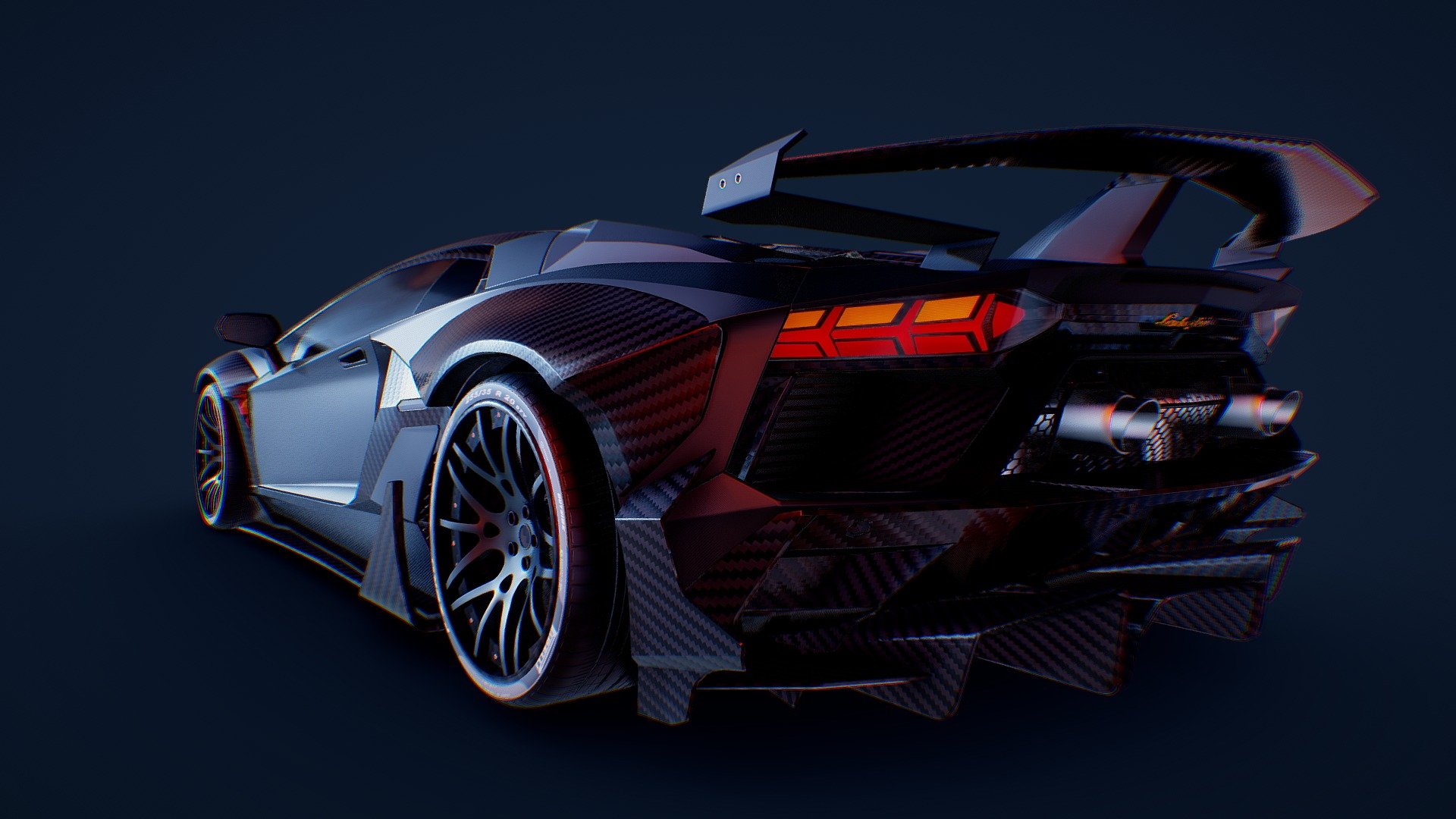 Credit to the model author:  https://sketchfab.com/3Duae

This Model:
https://sketchfab.com/3d-models/aventador-svj-black-ghosttm-412e5ba4c1264a4fab97660ebc0695a4 
Had wrong normals, a mishmash of tris and quads, a mishmash of english and french, unsemetric crippled verts and dozens of unused and duplicate materials and textures. 

I tried to clean it up a little and applied some better textures with normals. ^^
Props to the author of this model! The body of the car is very well made 3d model
