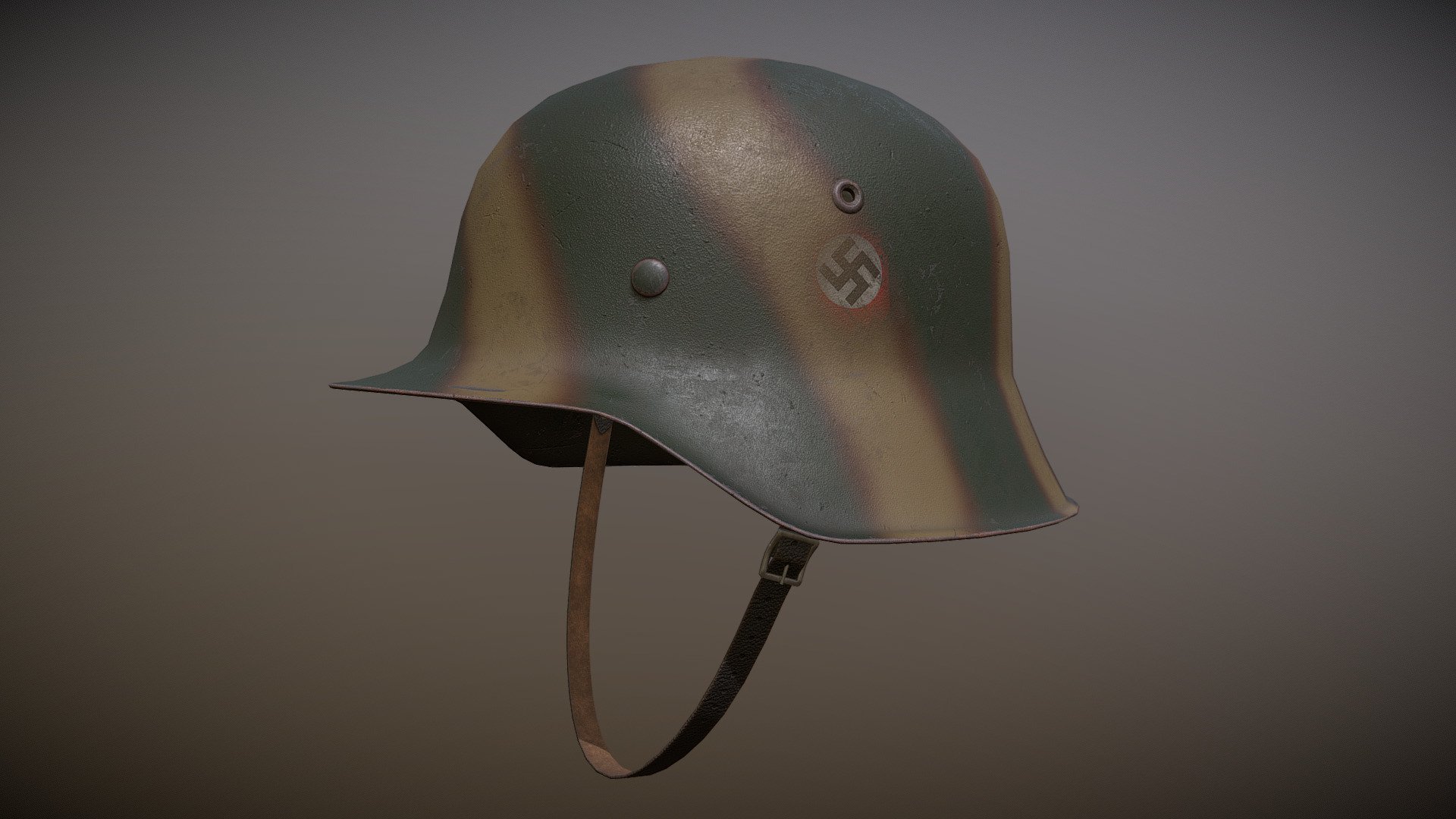 This is an M42 Stahlhelm with Decals of the Waffen SS and camo Paint. The M42 was a product out of simplification which means that in comparision to the M35, the M42 has no rolled over edges and the ventilation holes are not longer rivited but part of the helmet self to make the production faster and cheaper 3d model