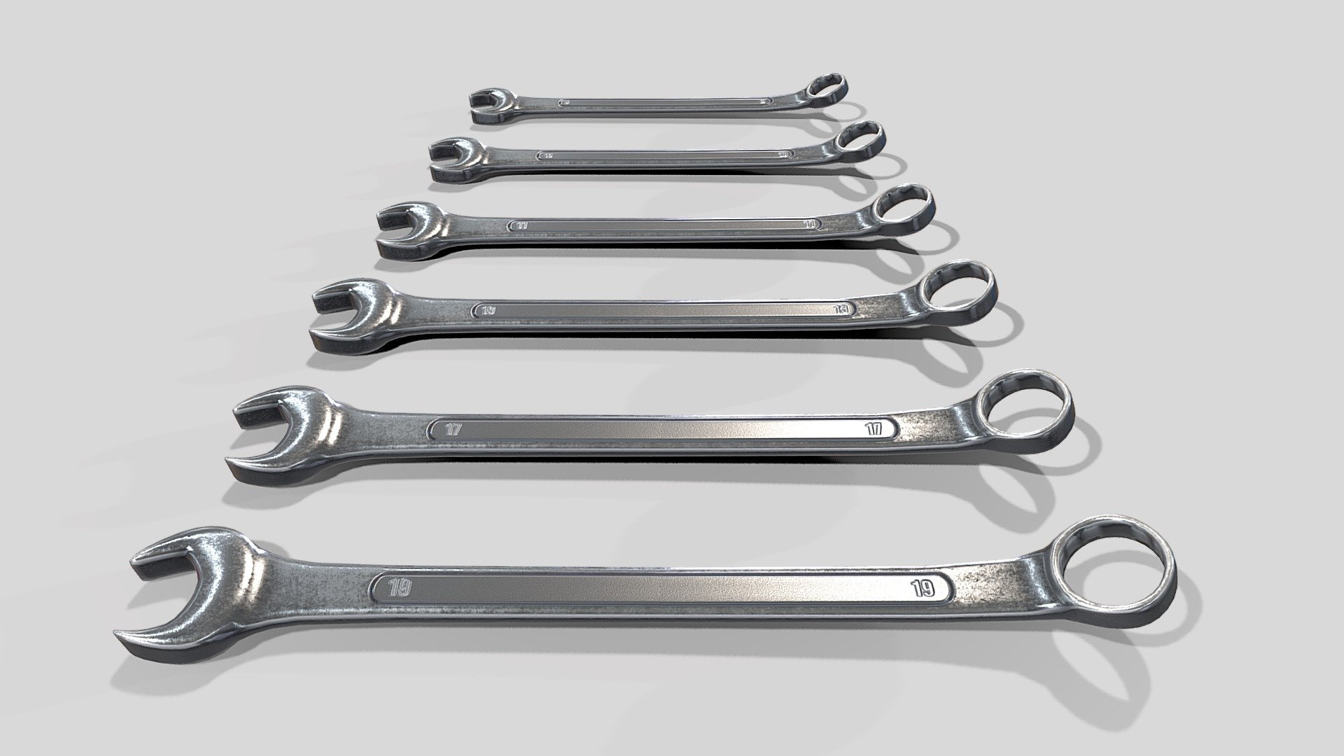 Handy collection of 6 different sized steel spanners for any sort of environment. 

6 spanners packed into one UV, PBR textures @4k - Selection of spanners - Buy Royalty Free 3D model by Sousinho 3d model