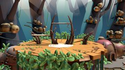 Brawlout stage jungle treetop tree, scene, plant, forest, grass, fighting, horn, smash, props, treehouse, jungle, digital3d, substancepainter, modeling, game, 3d, blender, gameart, house, wood, stylized, brawlout