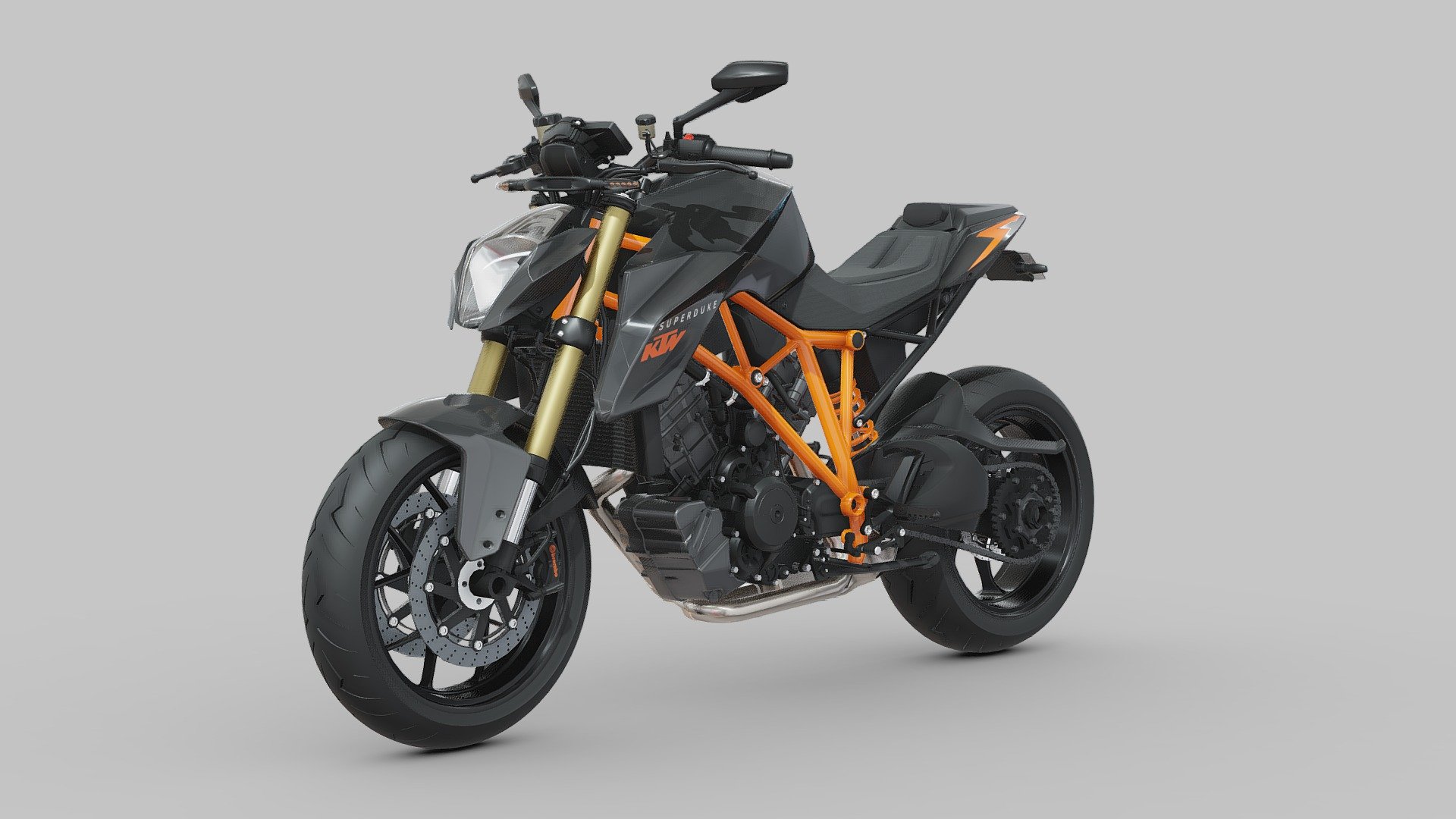 The KTM 1290 Super Duke R is a high-performance naked sport motorcycle that pushes the boundaries of power, agility, and adrenaline. Crafted by the renowned Austrian manufacturer KTM, the 1290 Super Duke R is engineered to deliver an exhilarating riding experience on both the street and the track.

At the heart of the Super Duke R is a formidable 1,301cc V-twin engine, delivering a thrilling blend of horsepower and torque that propels riders with breathtaking acceleration. Paired with advanced electronics, including multiple riding modes, traction control, and cornering ABS, the Super Duke R offers precise control and performance tailored to various riding conditions.

Equipped with advanced features such as a TFT display, smartphone connectivity, and optional performance upgrades, the KTM 1290 Super Duke R combines cutting-edge technology with raw, unfiltered excitement, making it the ultimate naked sport bike for riders who crave adrenaline-fueled thrills and uncompromising performance 3d model