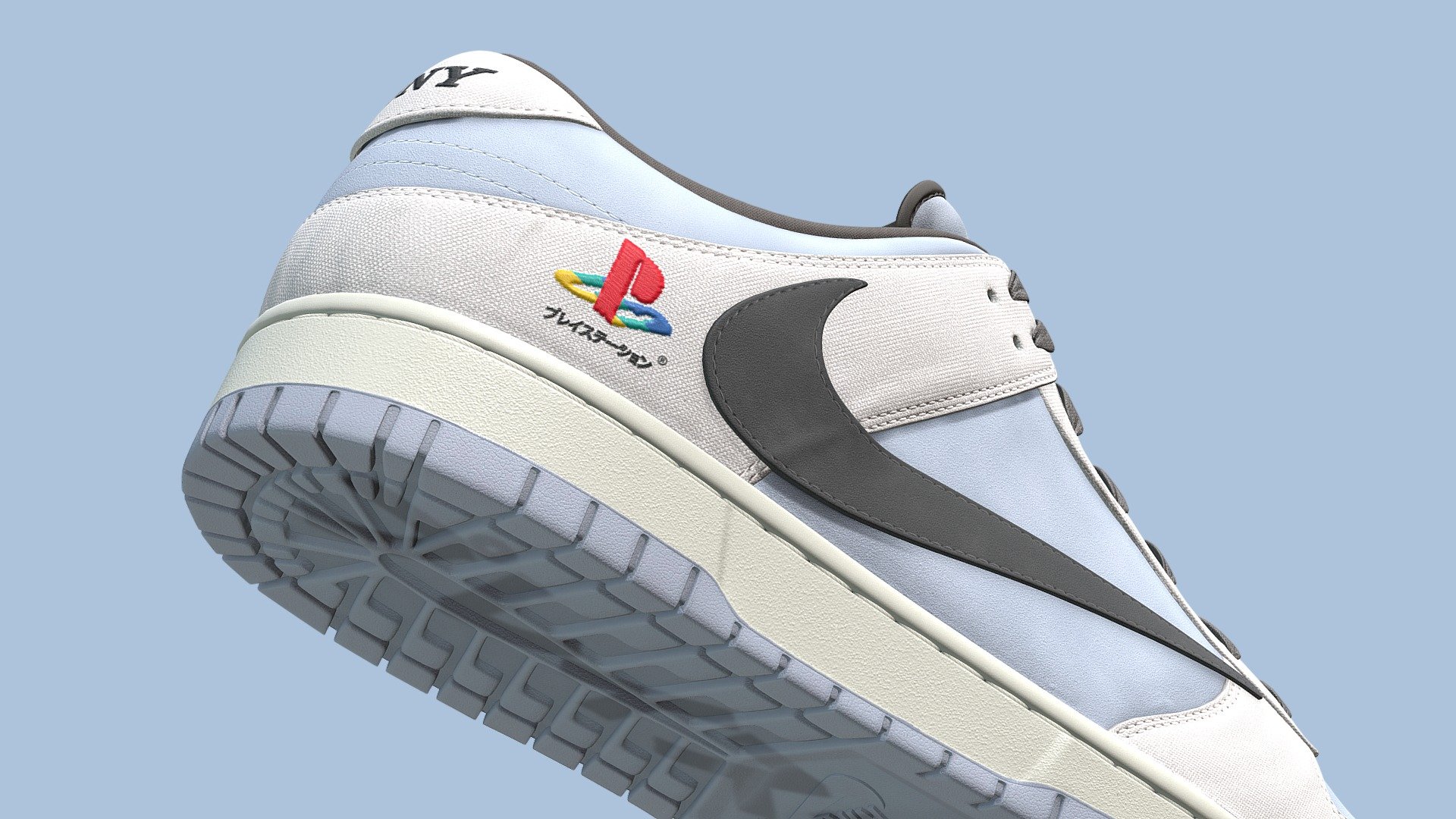 Playstation x Travis Scott Nike Dunks made entirely in Blender and textured in Substance Painter. Released in 2020 this collaboration between Playstation and Travis Scott was extremely limited, available to only friends and family, and five lucky fans who were drawn out of a raffle. The shoes features a biege canvas material in place of the usual leather accented by a light blue suede. Travis Scotts signature reverse swoosh, along with Sony and Playstation branding can be found on the shoe.

Every detail was made in the recreation of this shoe, from the embroidered logos to the subtlety of each material nothing went overlooked. The model itself is subdivision ready and consists of four texture sets. The model on display is at Subdivision level 1 and each texture is at 4096x4096 resolution

Download File Contents:
1. Native Blender file with linked textures
2. Folder containing all textures in 4096x4096 png format. 
3. FBX and OBJ versions of the shoes - Playstation Nike Dunk Low Shoe - Buy Royalty Free 3D model by Joe-Wall (@joewall) 3d model