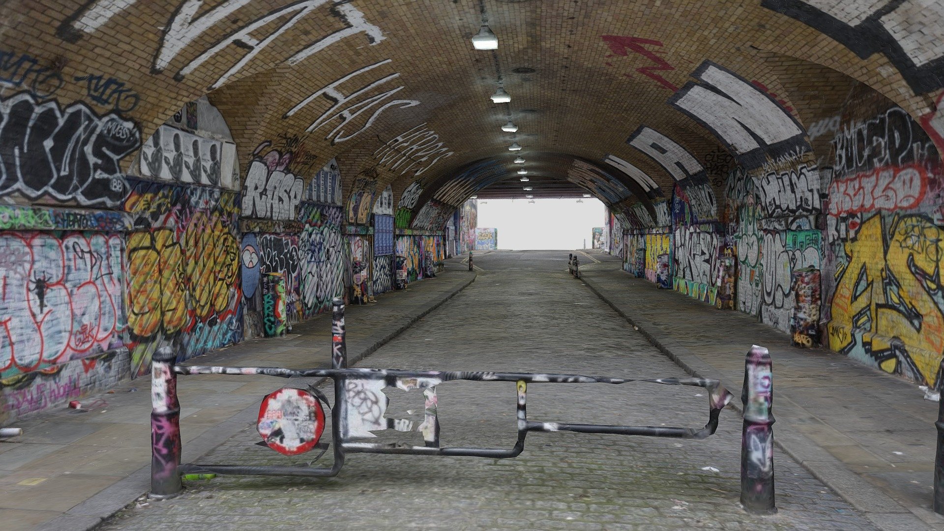 A railway bridge tunnel by Shoreditch High Street Station that is decorated with graffiti and street art. 

2211 photos taken in October 2020 with a Sony a6000 and processed in Agisoft Metashape 3d model