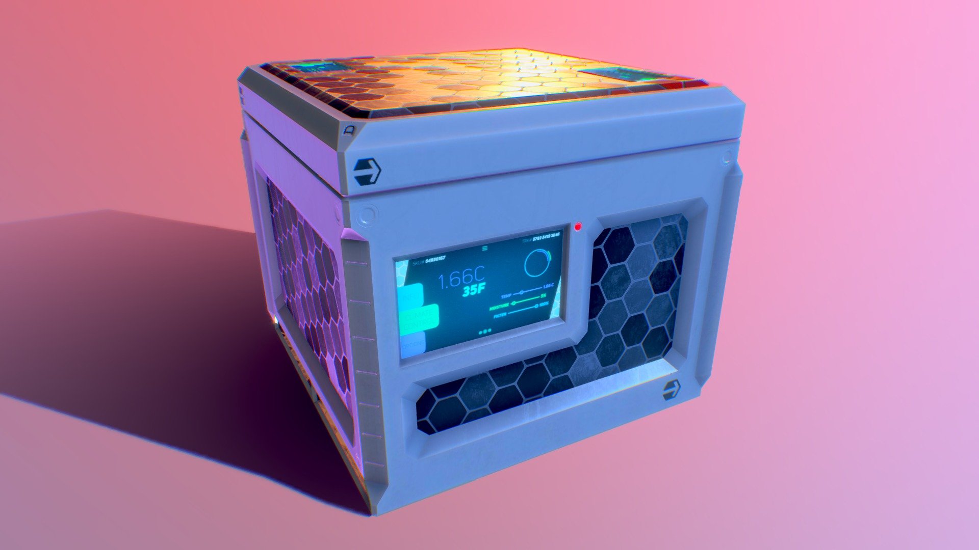 A futuristic refregerated cargo box. Modeled with Blender. 1 custom shader made in Substance Designer. The interface was made in Illustrator 3d model
