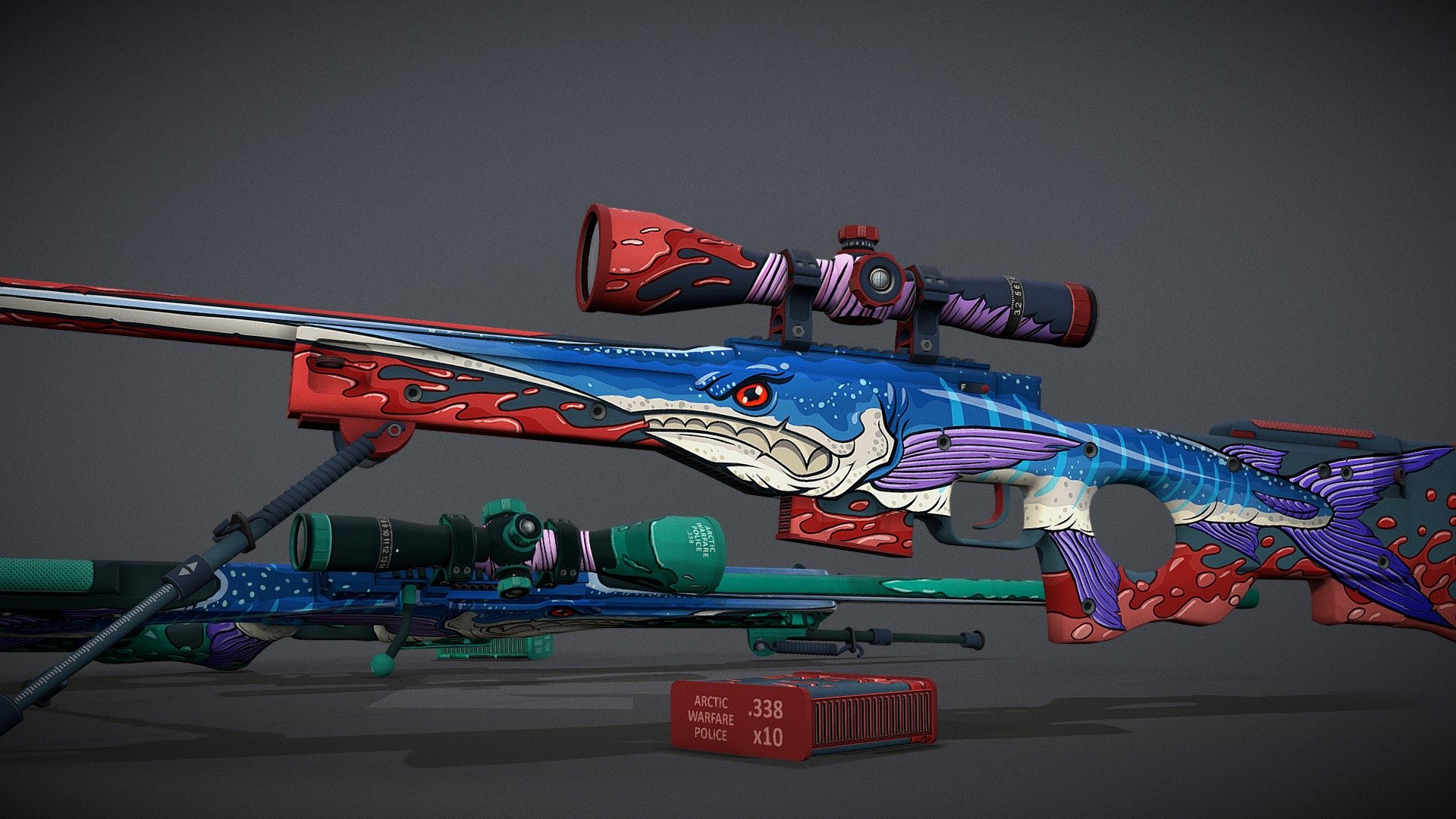 Texturing : models from Counter-Strike: Global Offensive.

Here is The Seas Impaler AWP skin for CS:GO featuring the swordfish.

The swordfish is a very dangerous predator.
Excellent swimmer.
Superior Vision.
He impales its prey in a single and fatal blow.
Do not expose yourself in front of the Seas Impaler.

Artwork made in Adobe Illustrator. Projection made in 3D-Coat. Details and finishing touches in Adobe Photoshop.

The skin on Steam Workshop : http://steamcommunity.com/sharedfiles/filedetails/?id=1142712281

The alternative Perfect World skin on Steam Workshop : http://steamcommunity.com/sharedfiles/filedetails/?id=1150651380

More pictures on Imgur (screenshots, process) : https://imgur.com/a/AOYO0

Thank you for watching and your feedbacks.

MG - AWP | SEAS IMPALER - 3D model by MGBazz 3d model