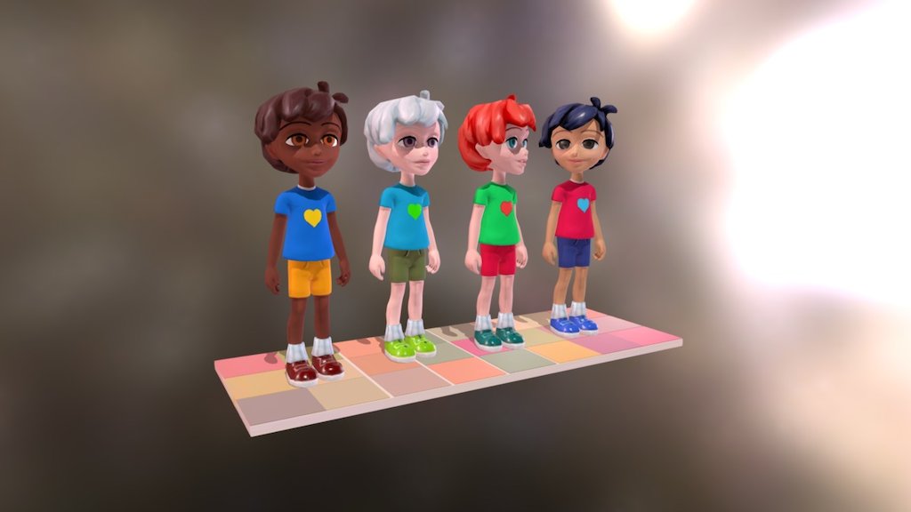 A group of kids chatting and looking around. It's actually a re-mesh, re-texturing and re-rig of an old set of avatars that I made for a virtual world (Serious Gaming).
One single material and uv for the whole scene, mapped on a 2048k set of textures 3d model