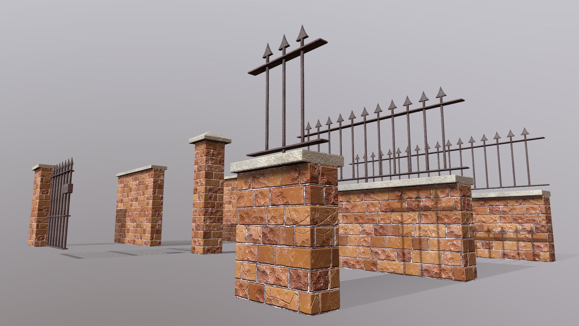 Fully Modular Brick Wall Pack for games and animations. The model is game ready and compatible with game engines. 

It can be used to create a garden wall, fence or a boundary wall for realistic games.

TWO variations of the wall are included.

The package contains 4K (4096x4096) PBR textures which are highly detailed HD.

Specific PBR maps for the following  game engines are included in separate files:


Unity
Unreal
PBR - Metal Rough

The package contains 8 Individual modular pieces that can be arranged in any desired formation.

Pieces included:


3 sizes of wall with wrought iron fence.
3 sizes of taller wall
1 pillar.
1 small metal gate.

Total polycount - 2,215 polygons - 2,568 Vertices (Low-Poly)

The 3d model is properly UV mapped with non-overlapping and optimised UV's for a better texel density.  

Create and build your own PC &amp; mobile environments using our PBR Modular Fence Pack 3d model