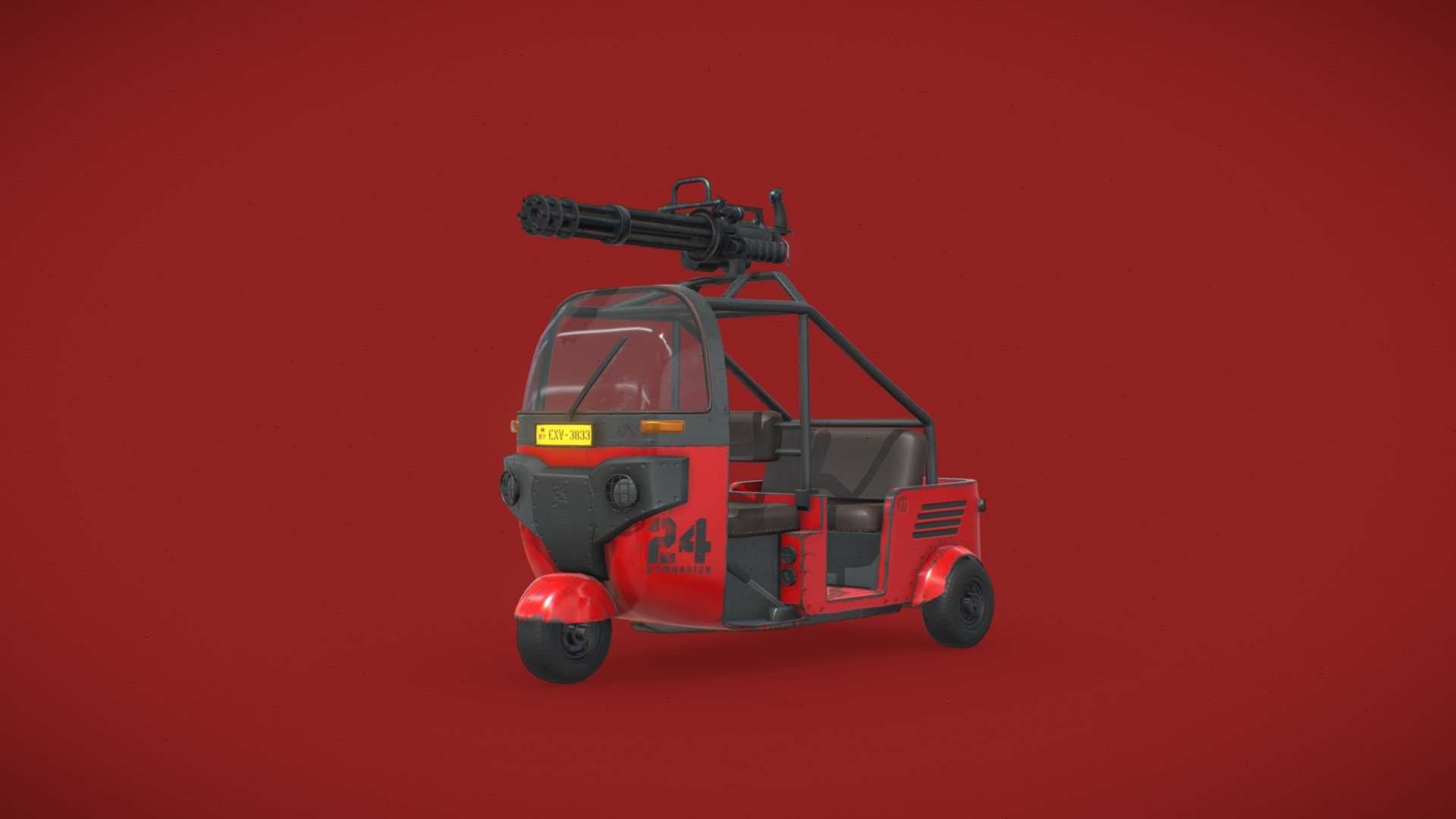 Tuk Tuk is an auto rickshaw motorized version of the pulled rickshaw or cycle rickshaw. Most have three wheels and do not tilt.
Attached is some mini machine gun stuff on the top. Made some knobby tires and a crash bar look to get a rigid look 3d model